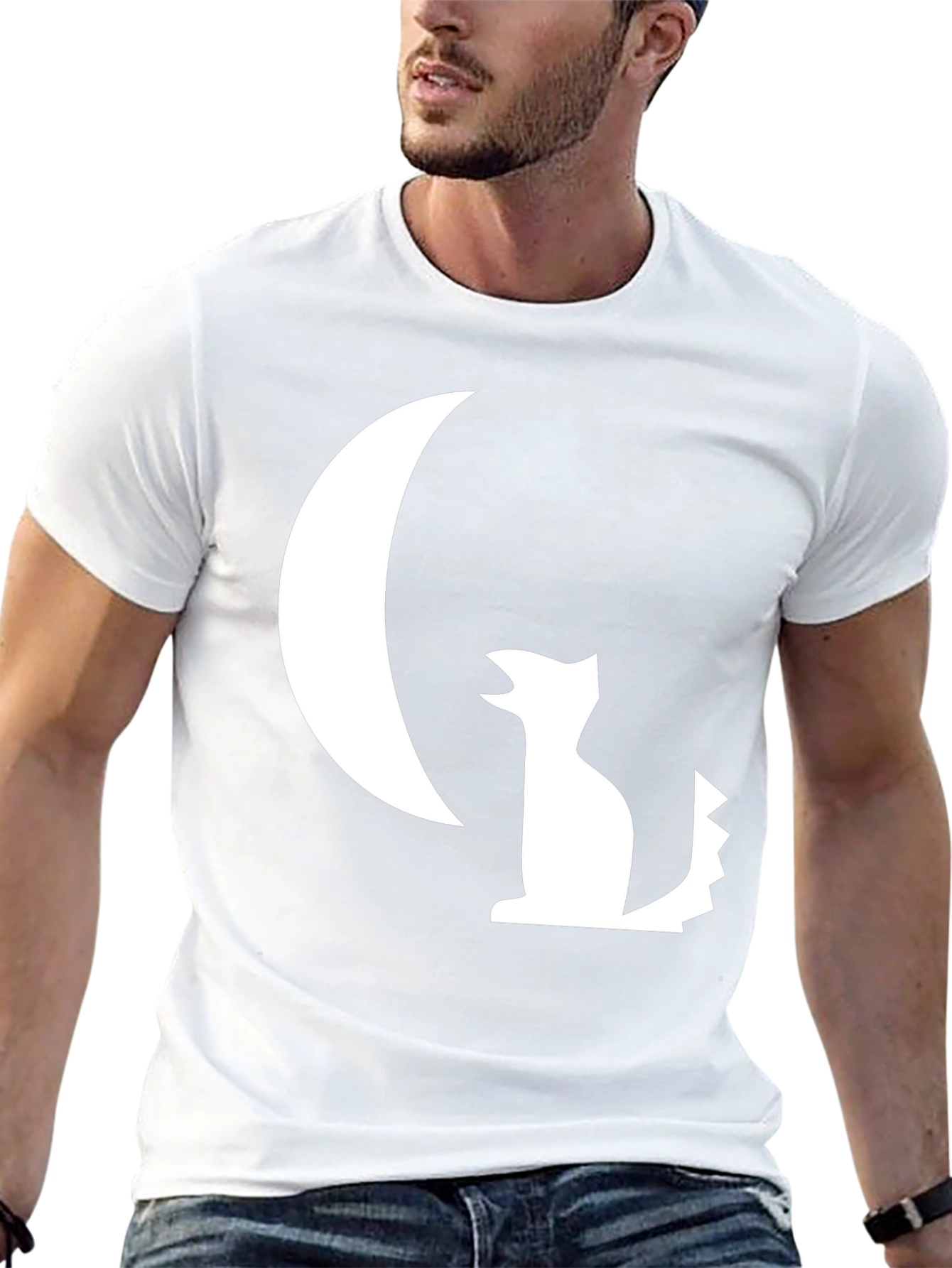 Black T-Shirt with White Moon and Wolf Design