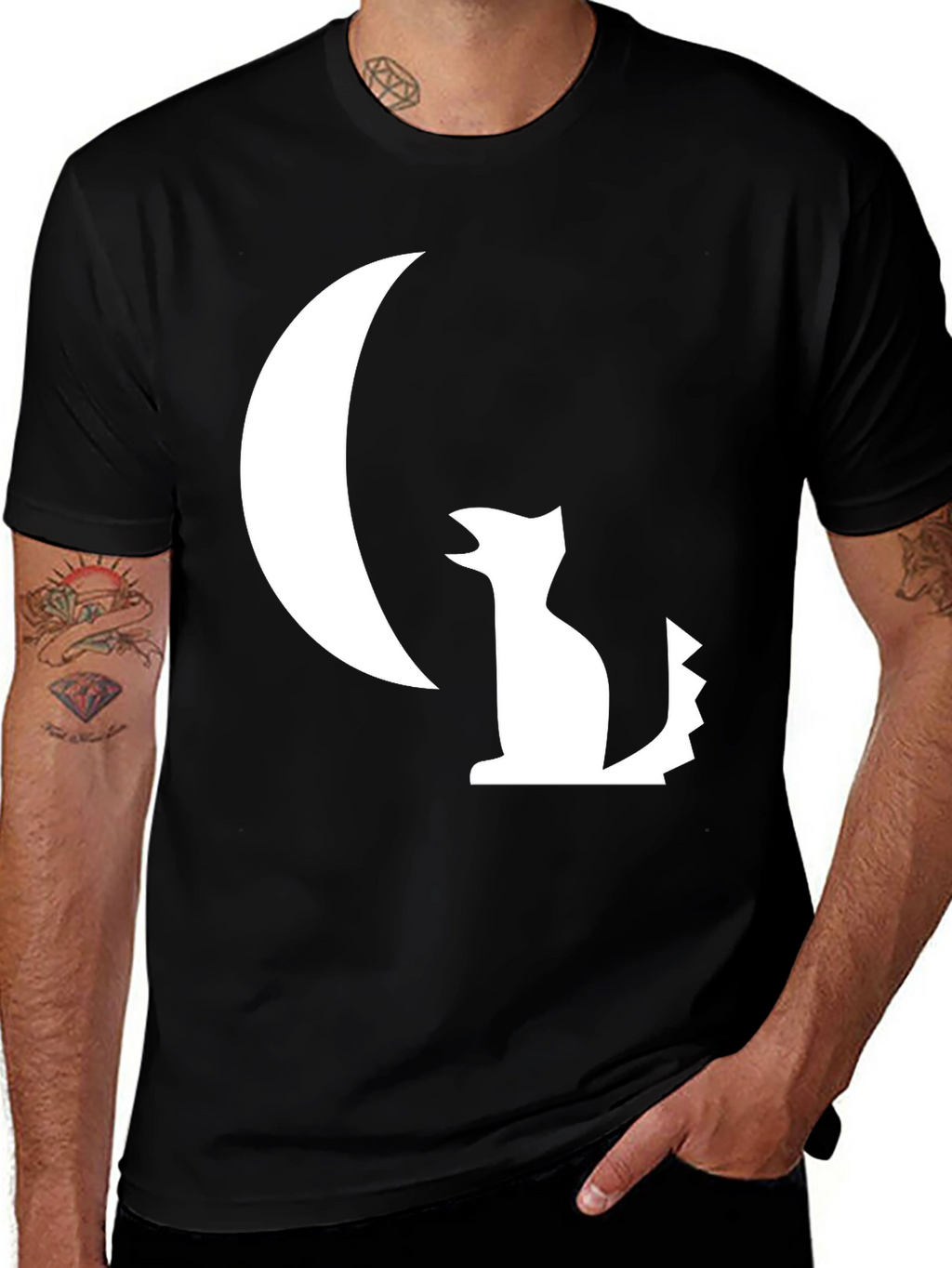 Black T-Shirt with White Moon and Wolf Design