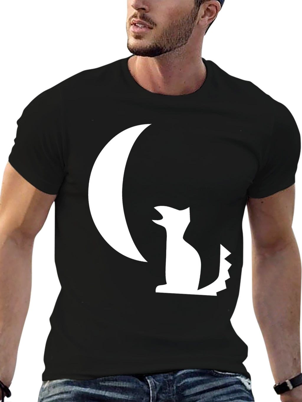 Black T-Shirt with White Moon and Wolf Design