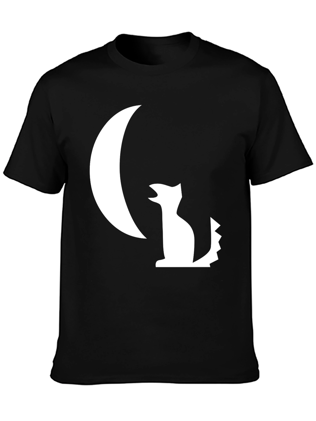 Black T-Shirt with White Moon and Wolf Design
