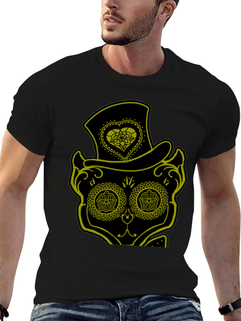 Sugar Skull Cat Tee - Mens Black T-Shirt