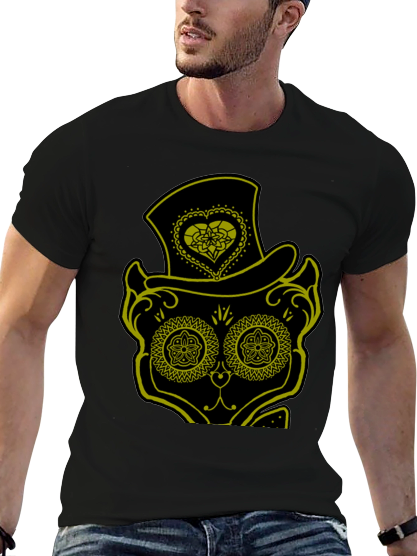 Sugar Skull Cat Tee - Mens Black T-Shirt