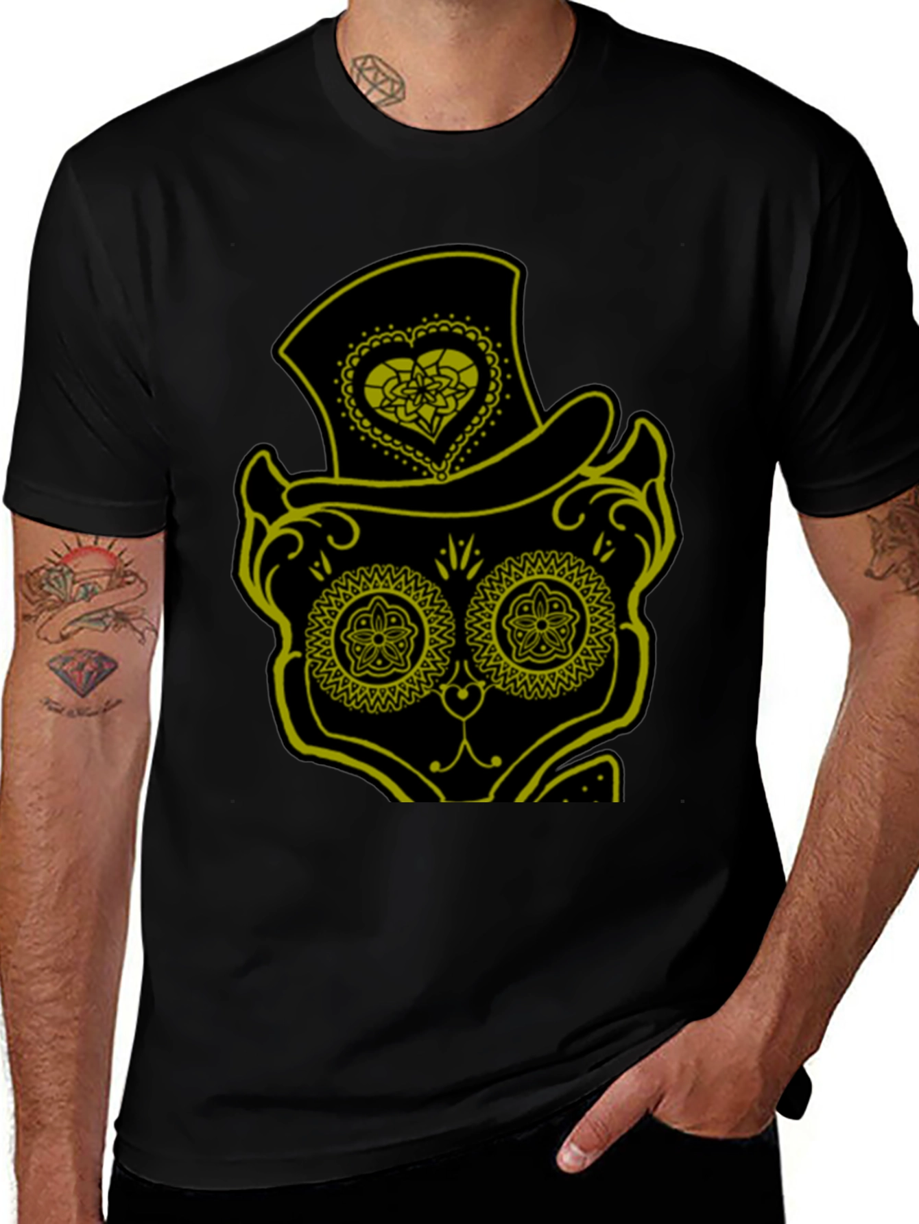 Sugar Skull Cat Tee - Mens Black T-Shirt
