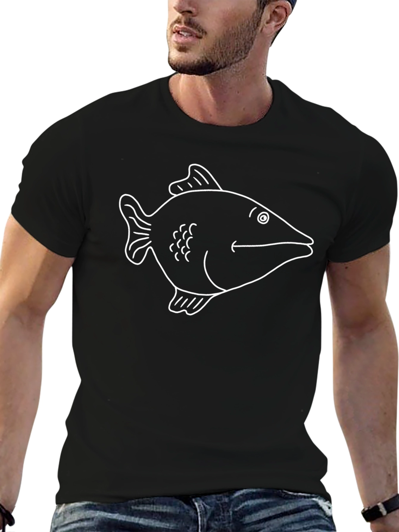 Black T-Shirt with White Fish Graphic