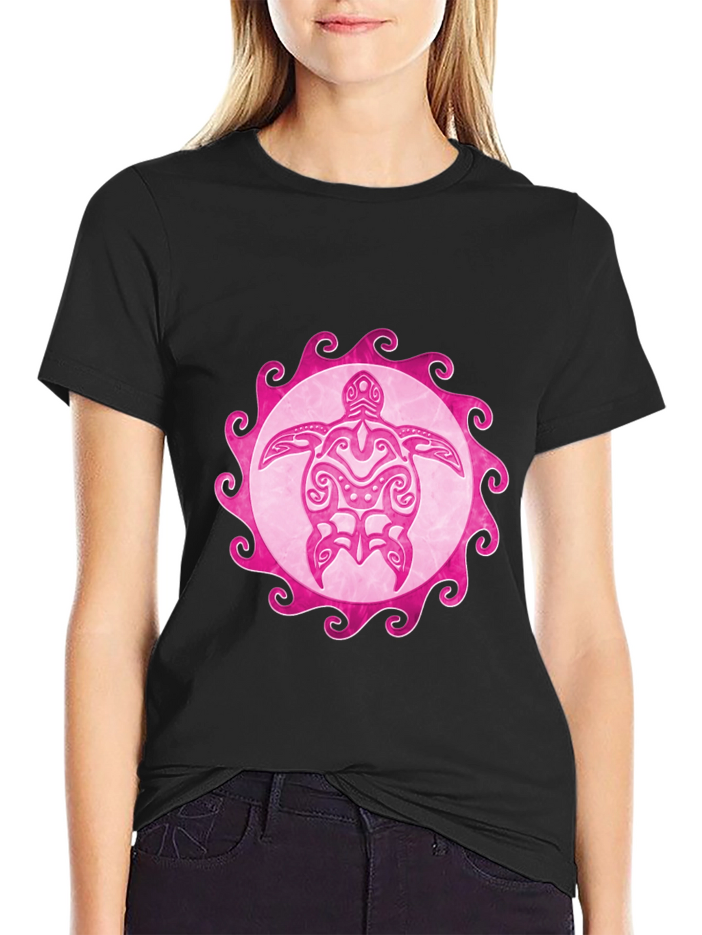 Pink Turtle Graphic Black Tee