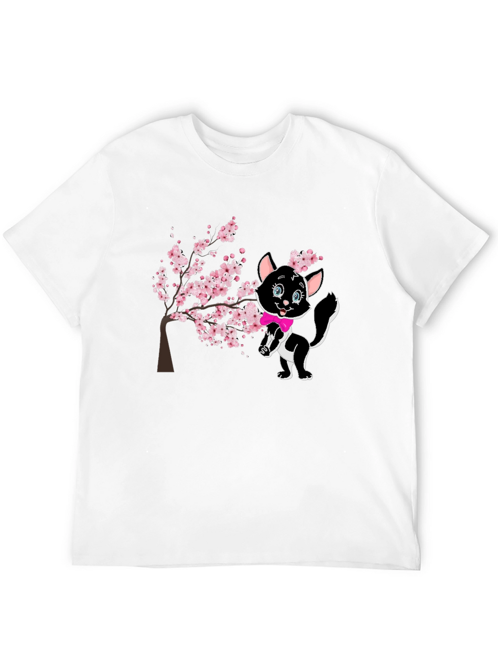 Cute Cat & Cherry Blossom Black T-Shirt