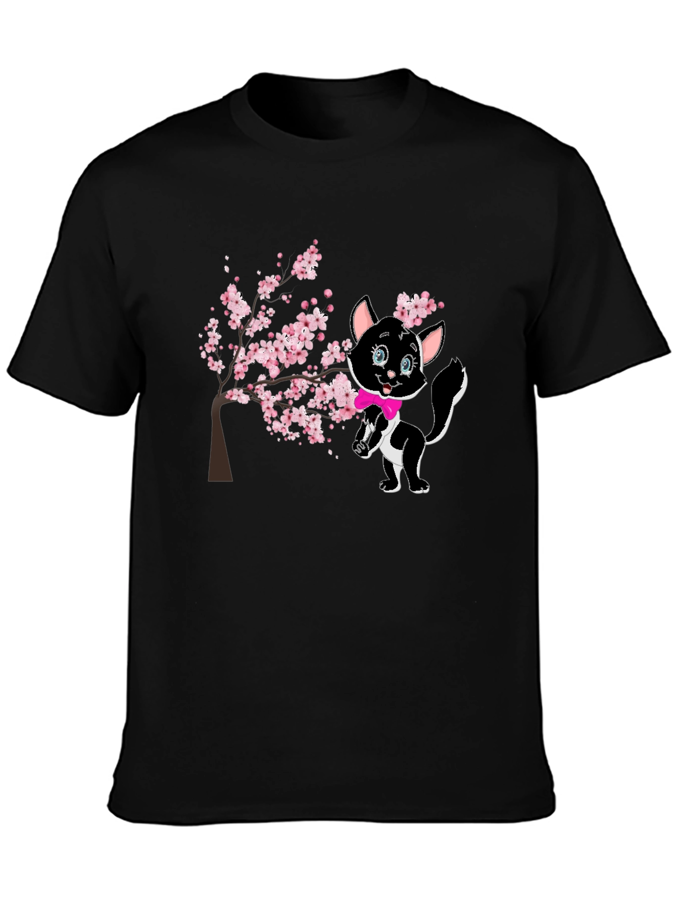 Cute Cat & Cherry Blossom Black T-Shirt