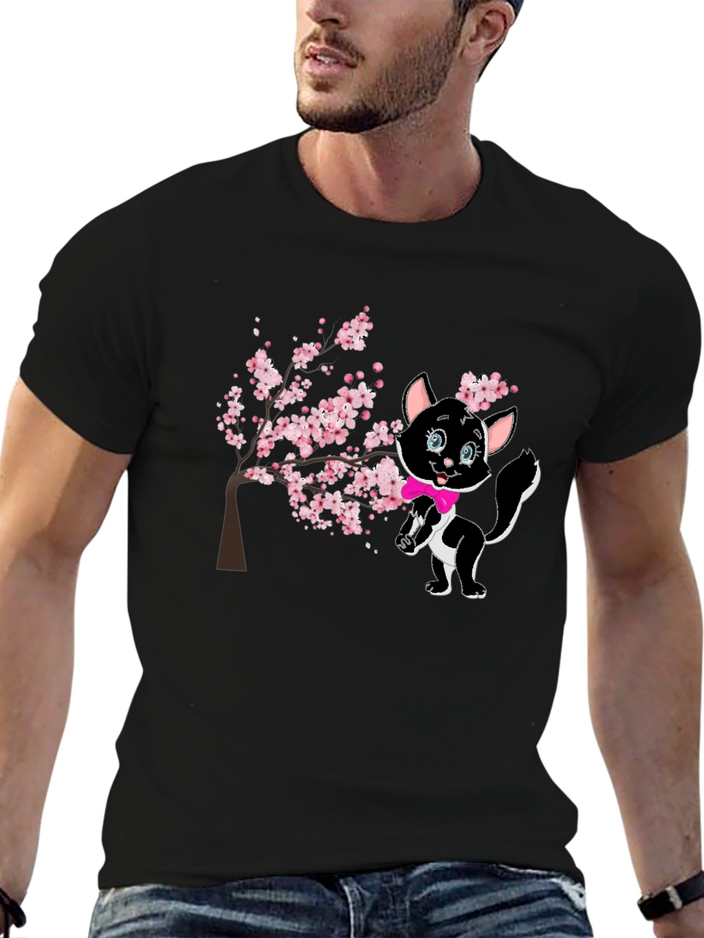 Cute Cat & Cherry Blossom Black T-Shirt