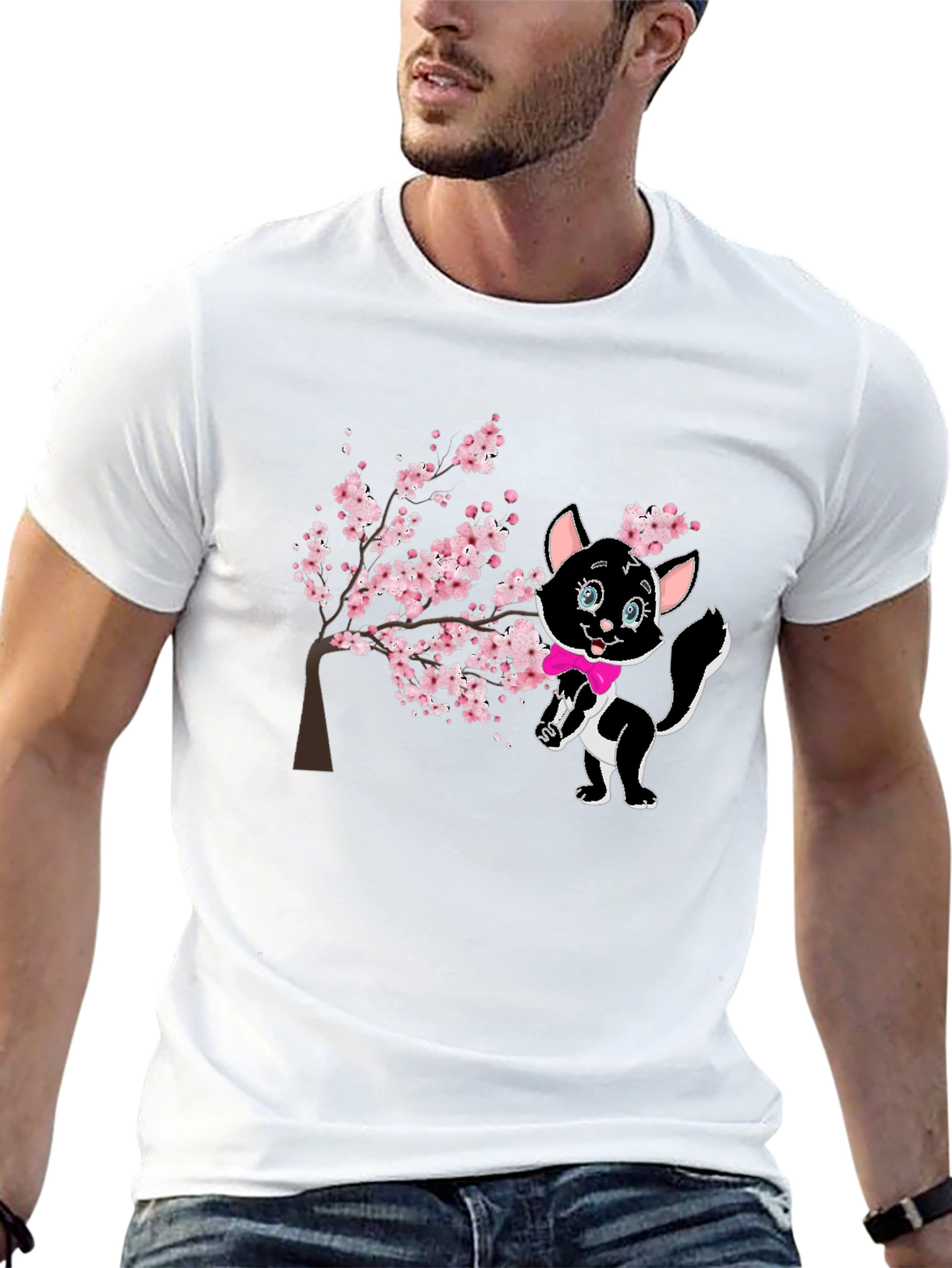 Cute Cat & Cherry Blossom Black T-Shirt