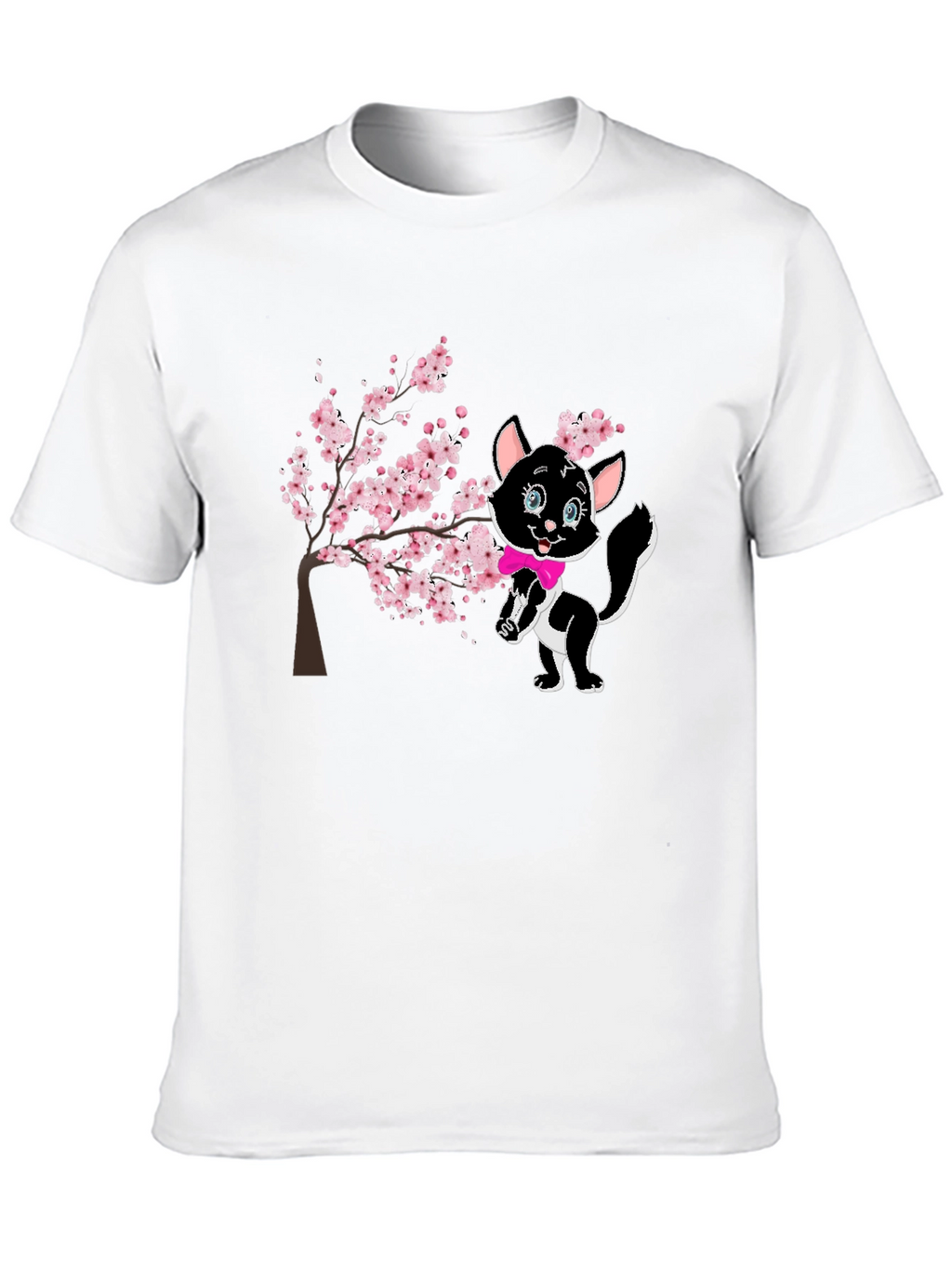 Cute Cat & Cherry Blossom Black T-Shirt