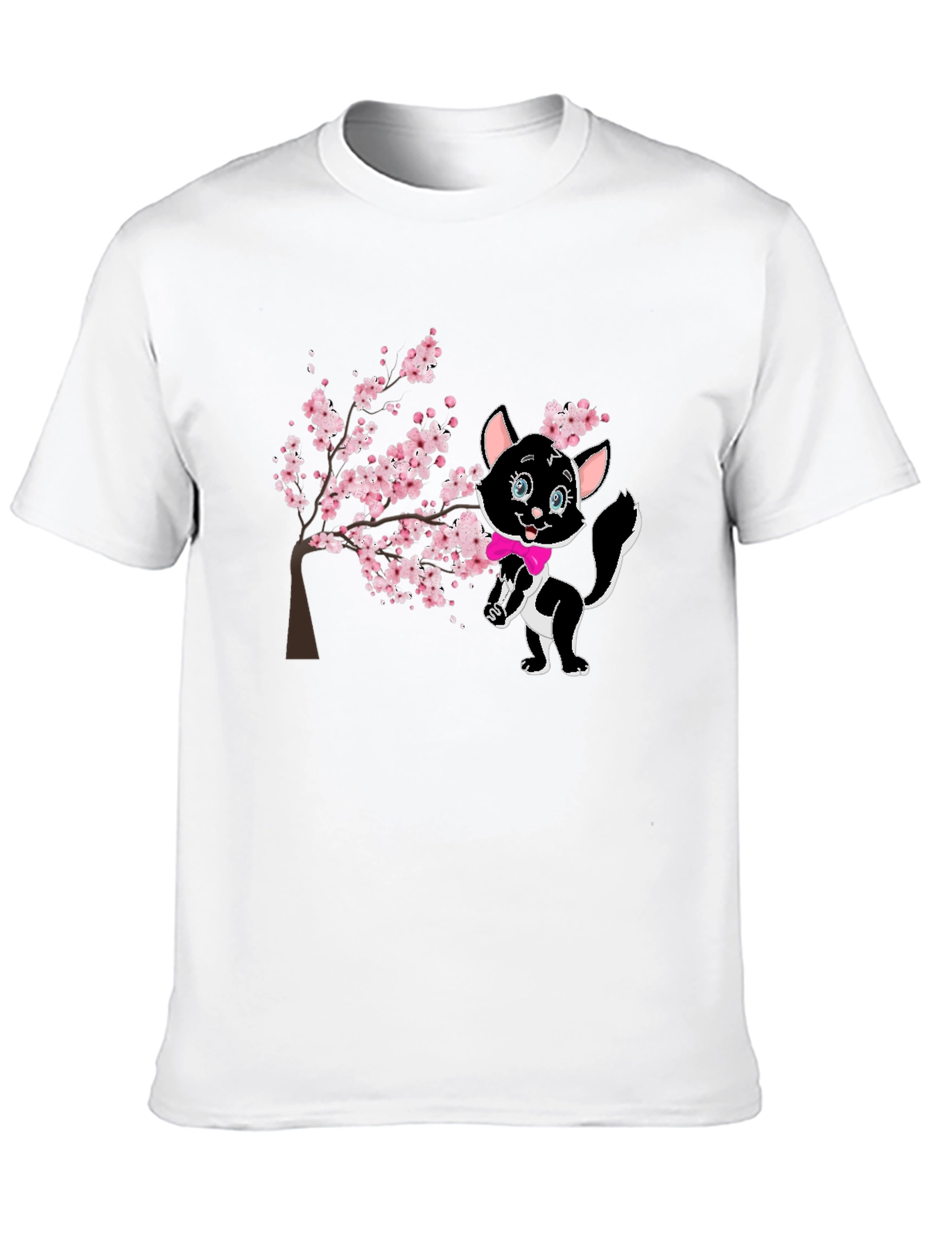 Cute Cat & Cherry Blossom Black T-Shirt