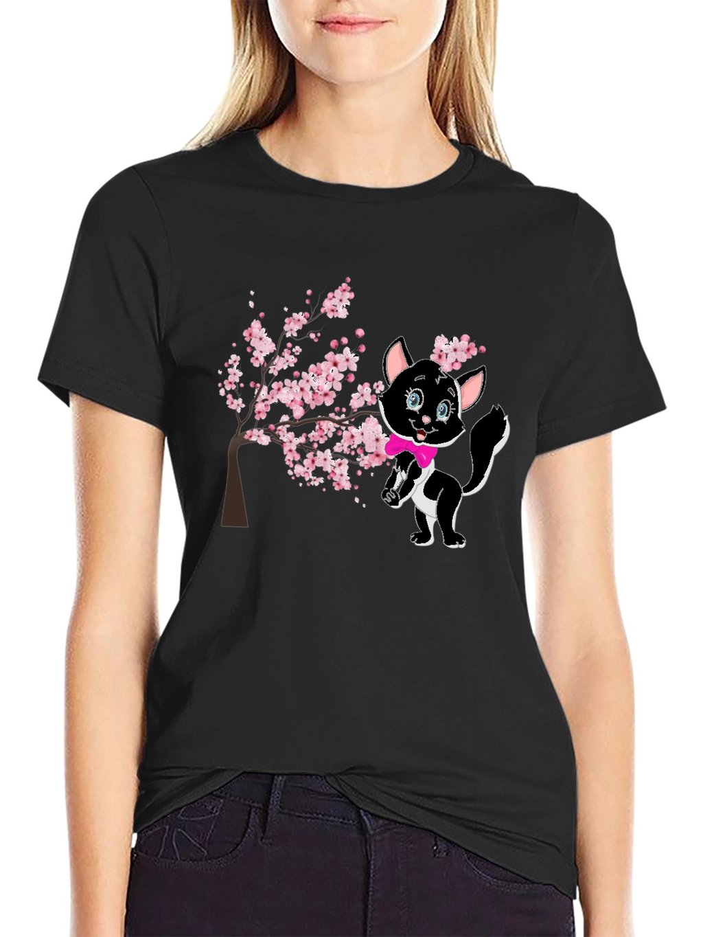 Cute Cat & Cherry Blossom Black T-Shirt
