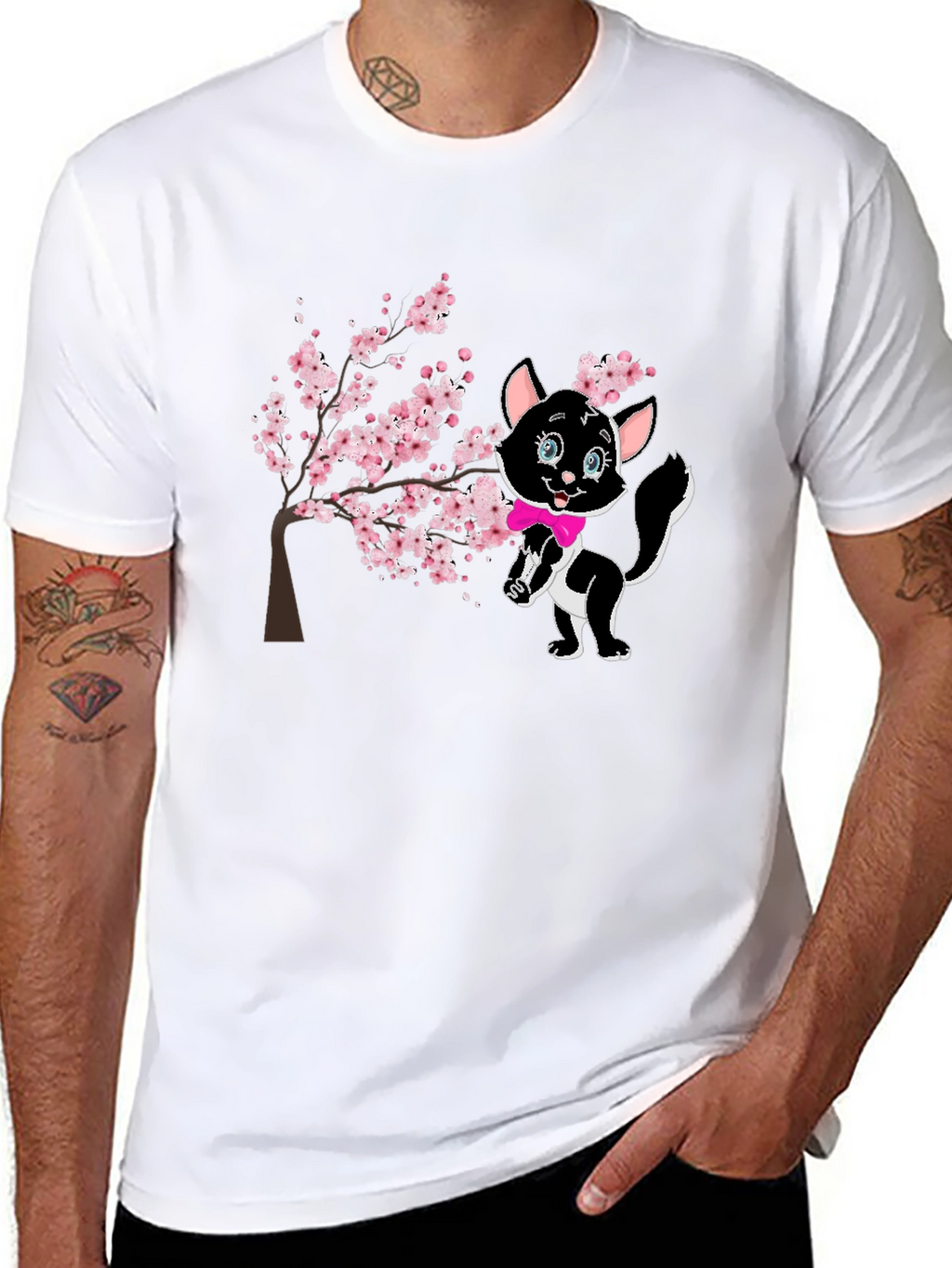 Cute Cat & Cherry Blossom Black T-Shirt