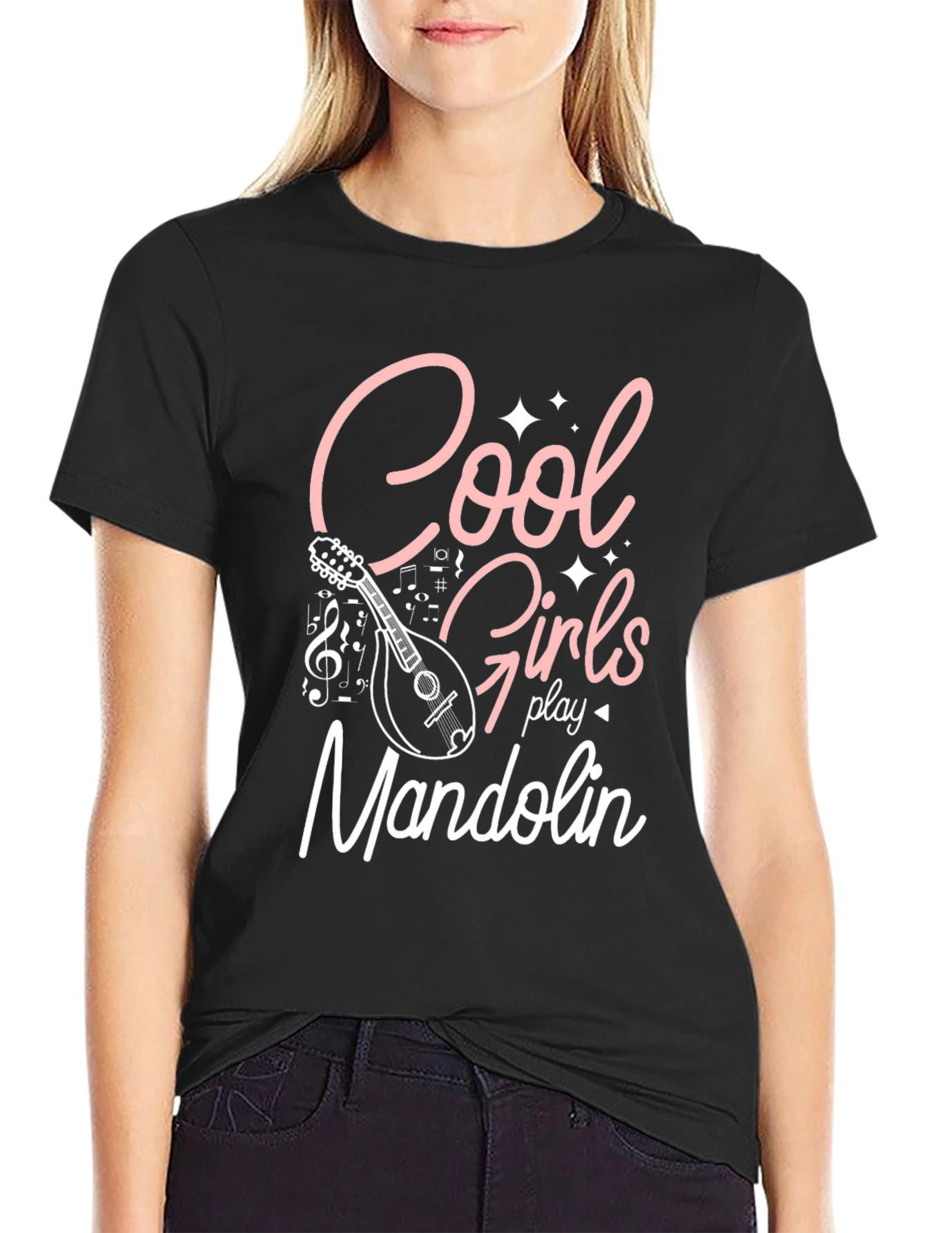 Cool Girls Play Mandolin Black Graphic Tee