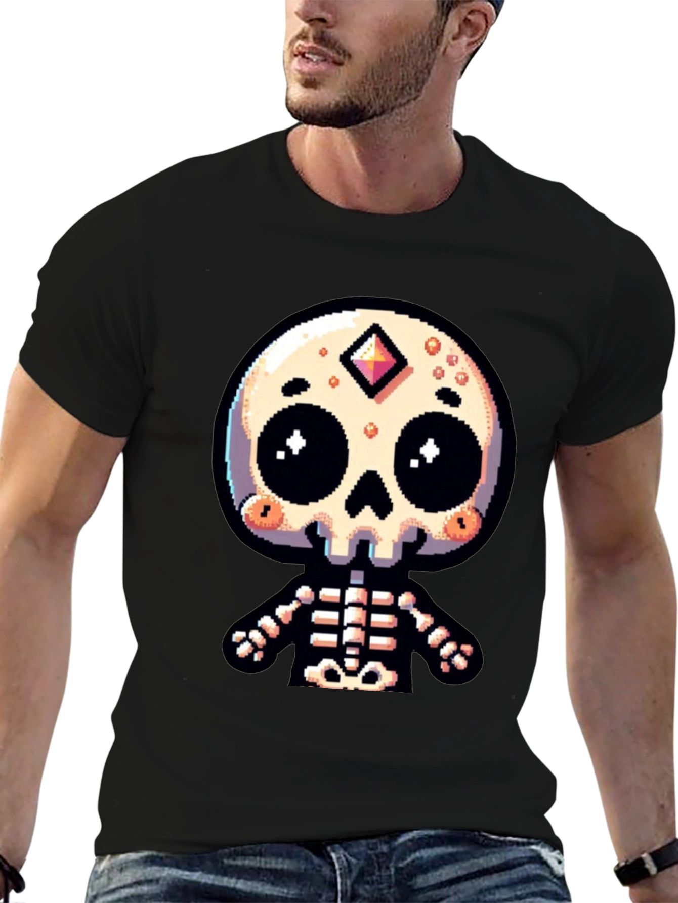 Pixel Art Skeleton Graphic Tee - Spooky Cute Style