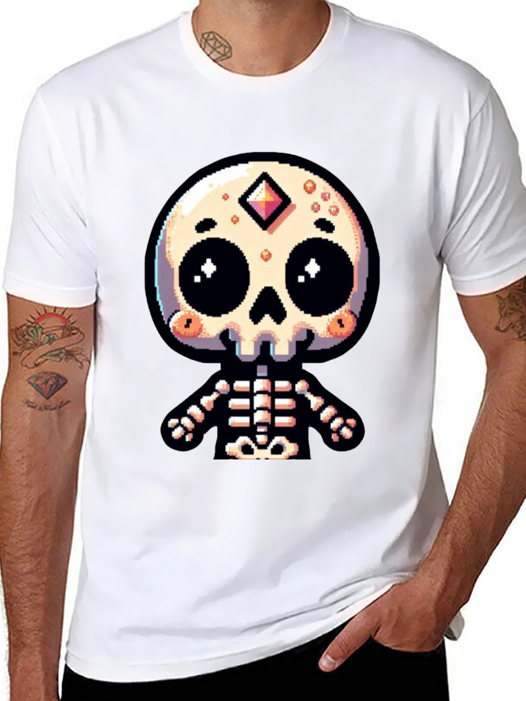 Pixel Art Skeleton Graphic Tee - Spooky Cute Style