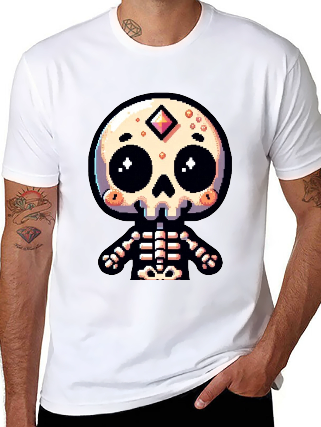 Pixel Art Skeleton Graphic Tee - Spooky Cute Style