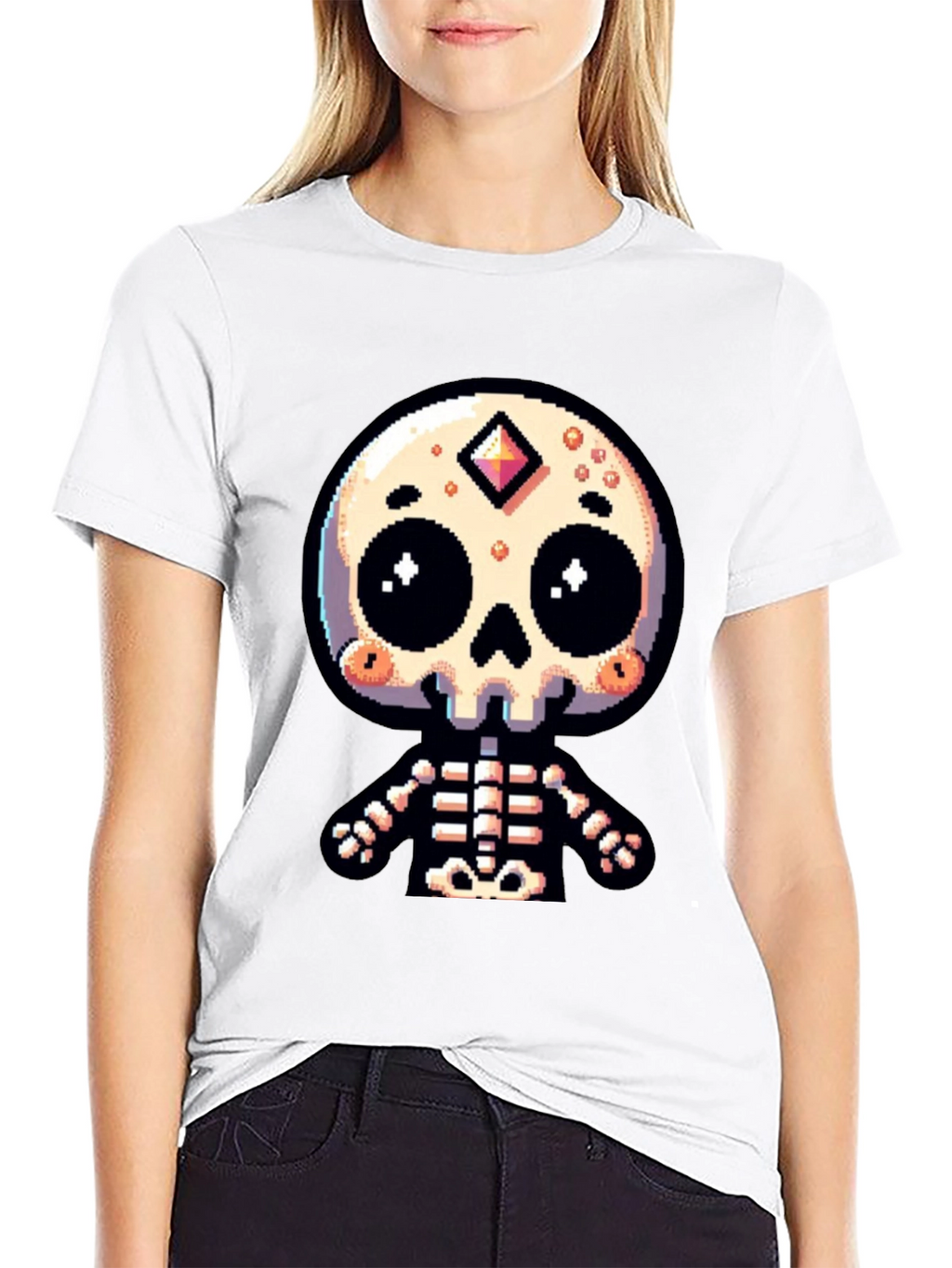 Pixel Art Skeleton Graphic Tee - Spooky Cute Style