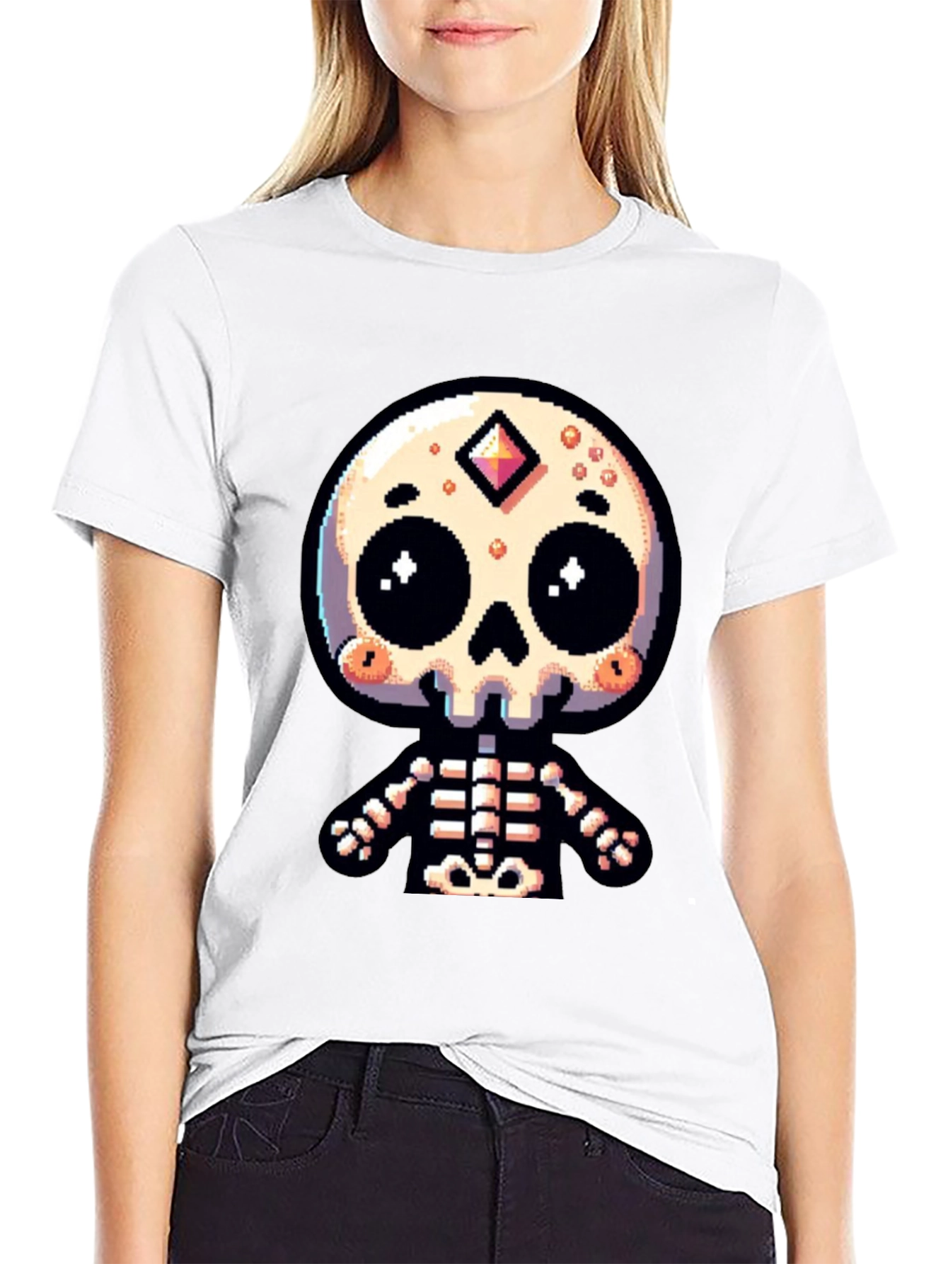 Pixel Art Skeleton Graphic Tee - Spooky Cute Style