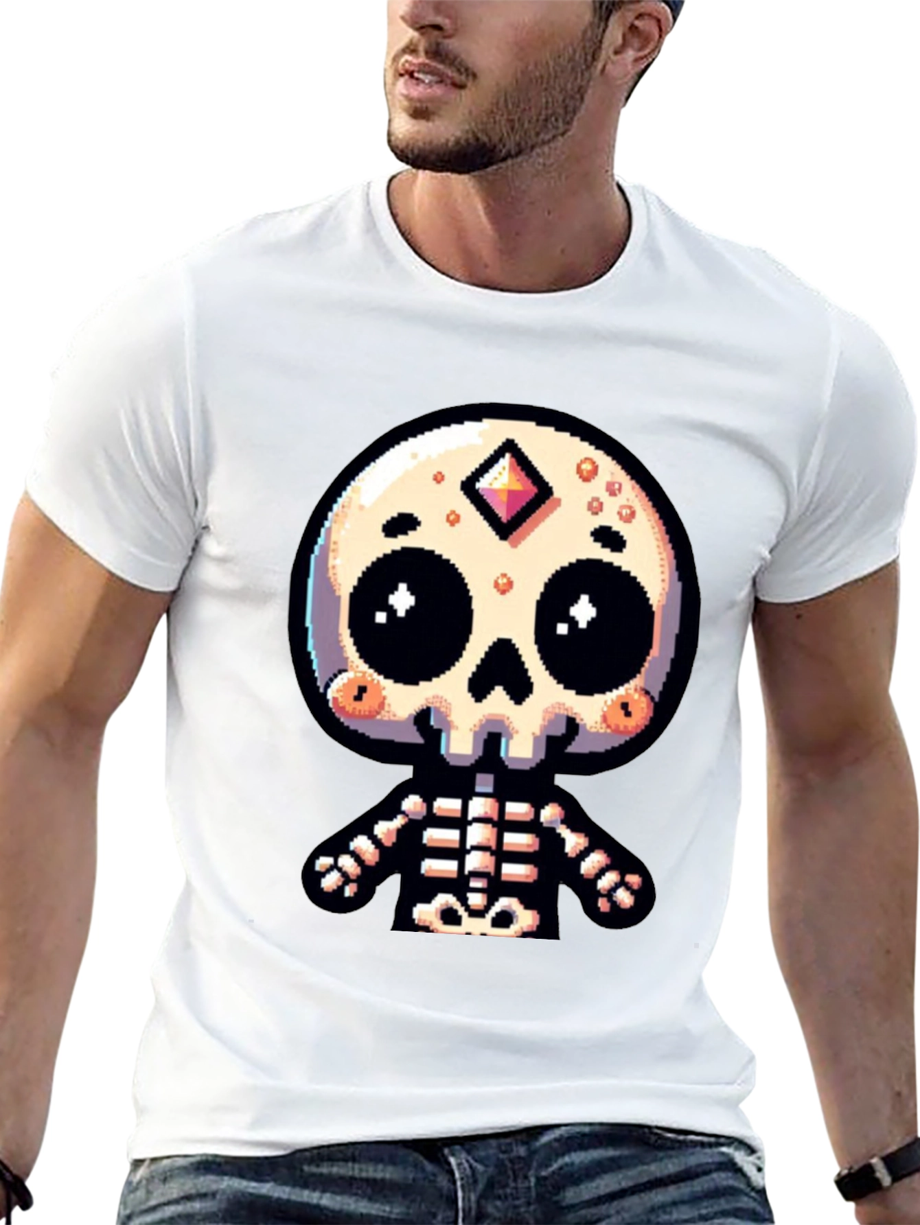 Pixel Art Skeleton Graphic Tee - Spooky Cute Style