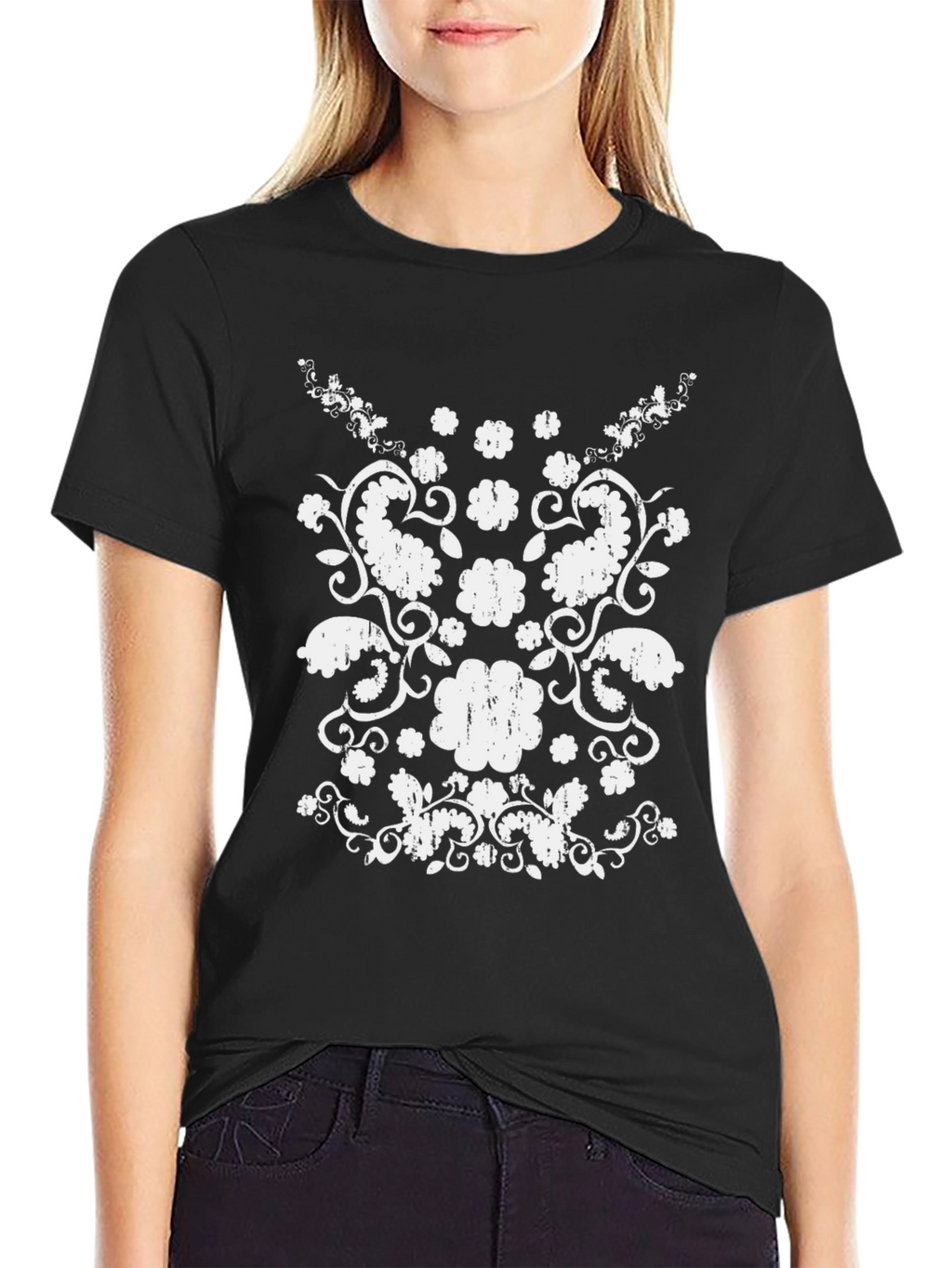 Distressed Floral Graphic Black Tee