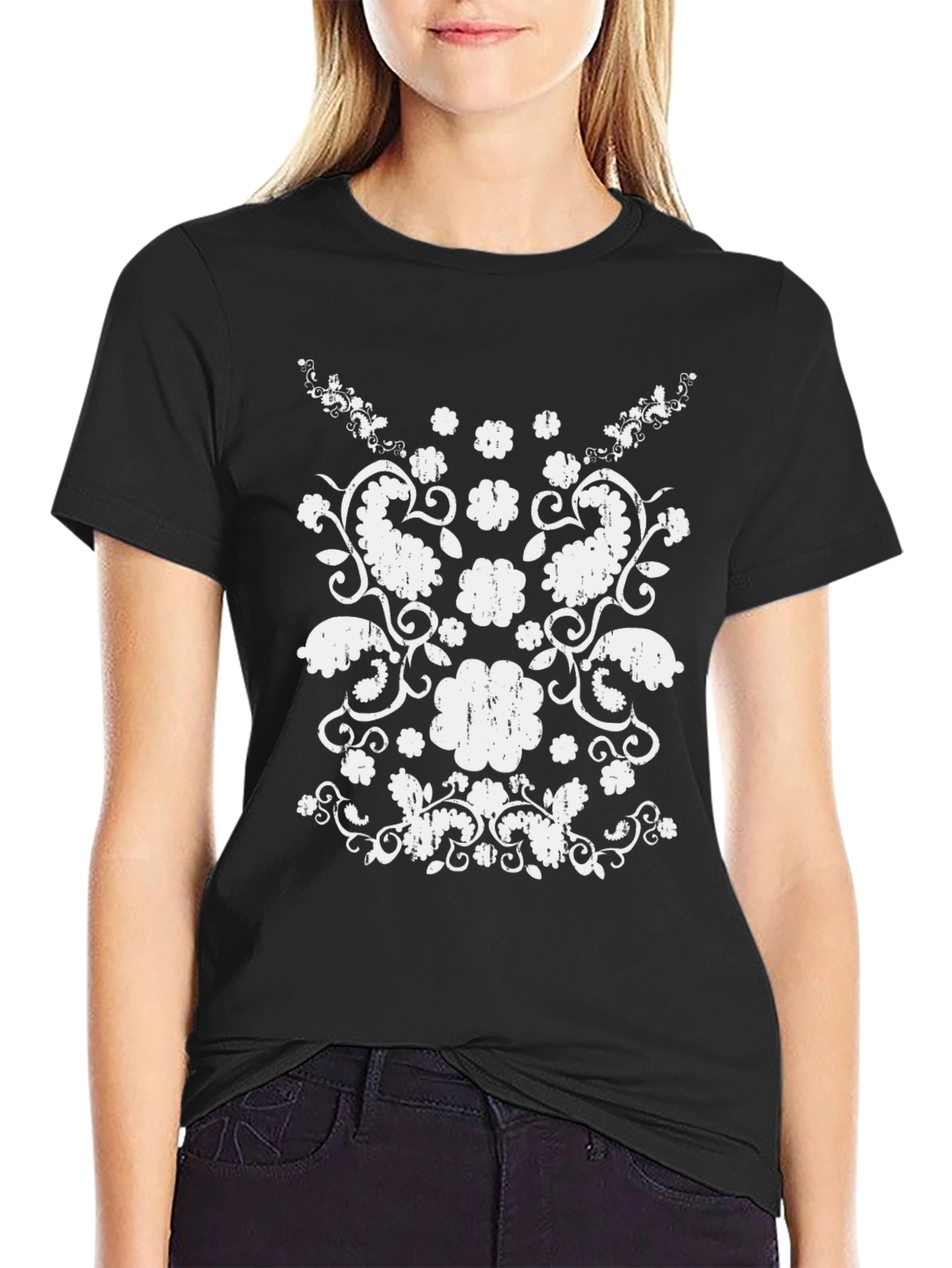 Distressed Floral Graphic Black Tee