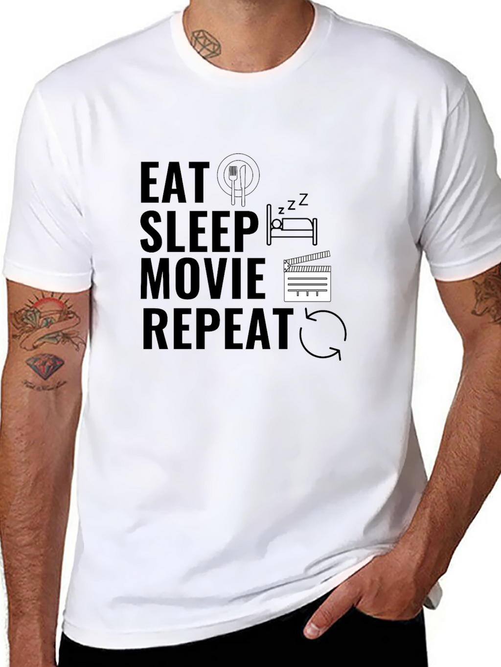 Eat Sleep Movie Repeat Black Graphic Tee