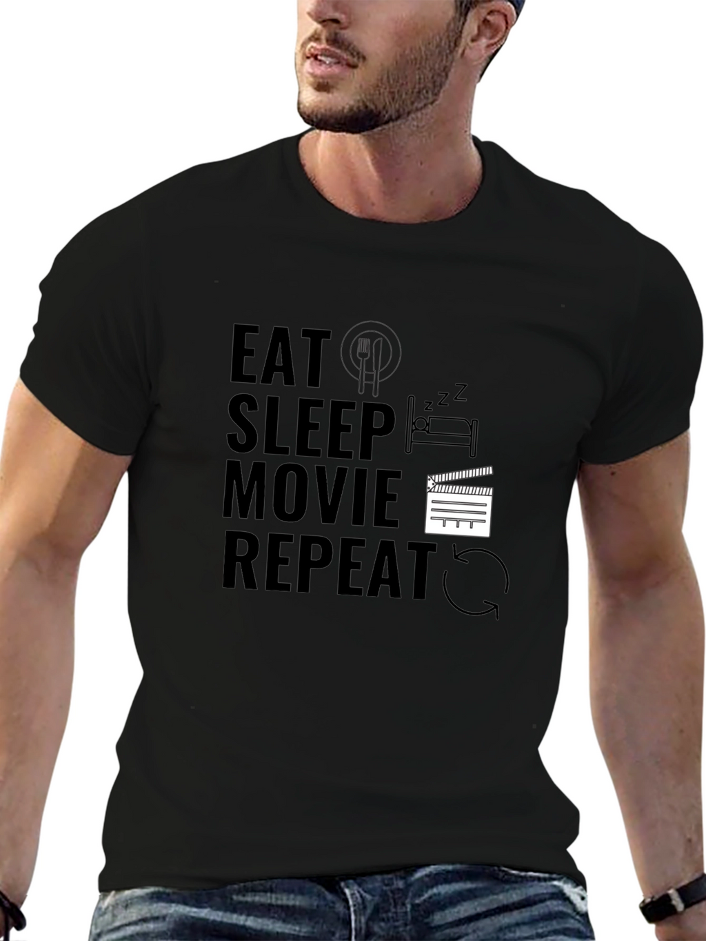Eat Sleep Movie Repeat Black Graphic Tee