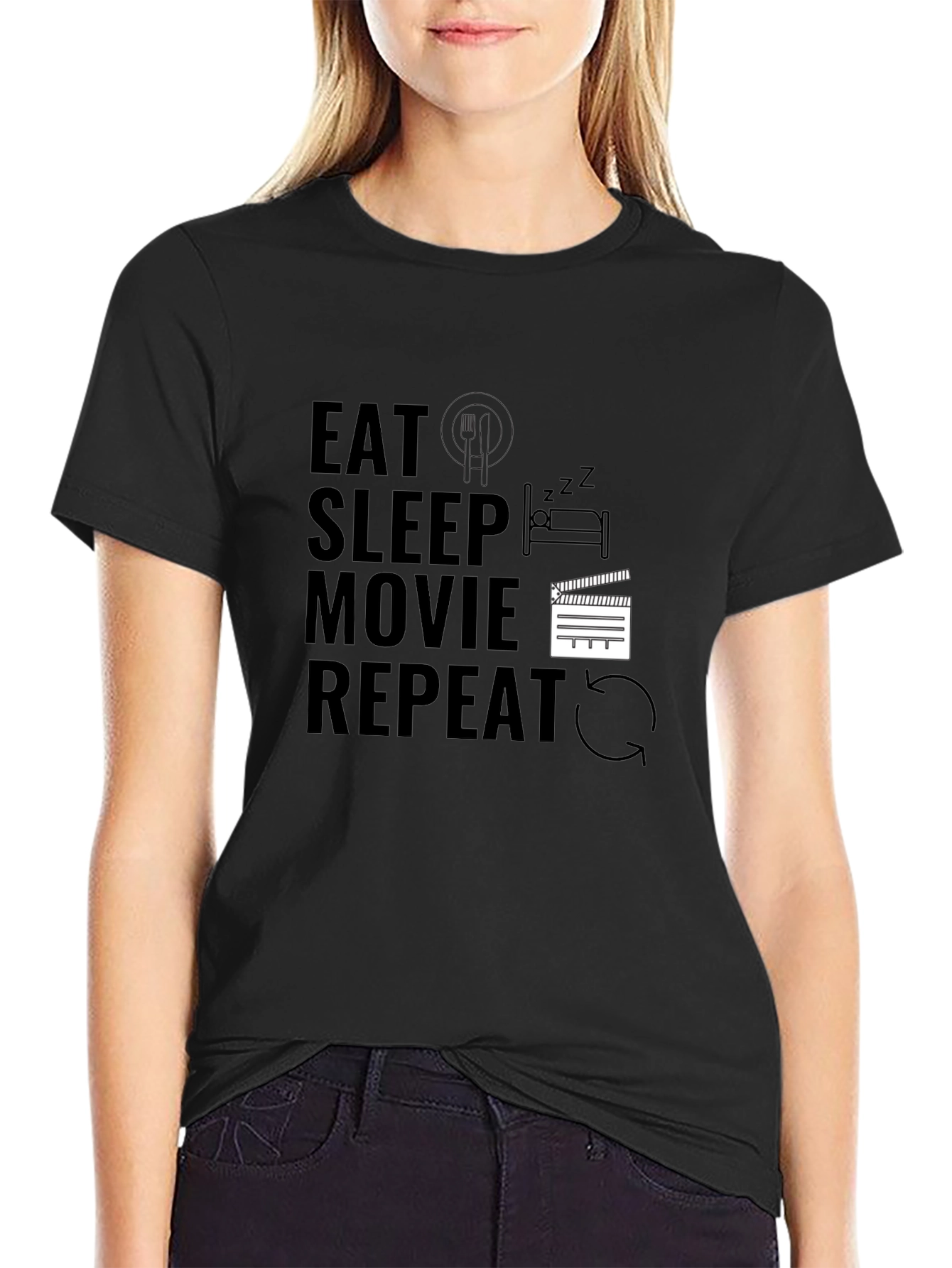 Eat Sleep Movie Repeat Black Graphic Tee