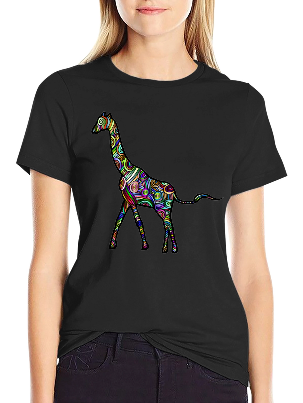 Psychedelic Giraffe Print Black T-Shirt