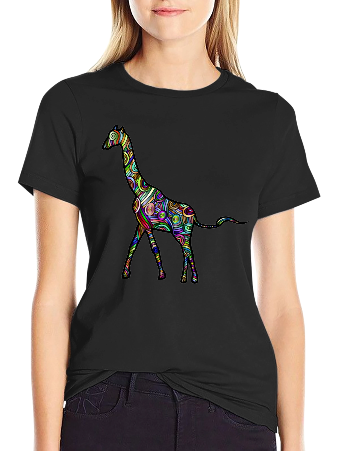 Psychedelic Giraffe Print Black T-Shirt