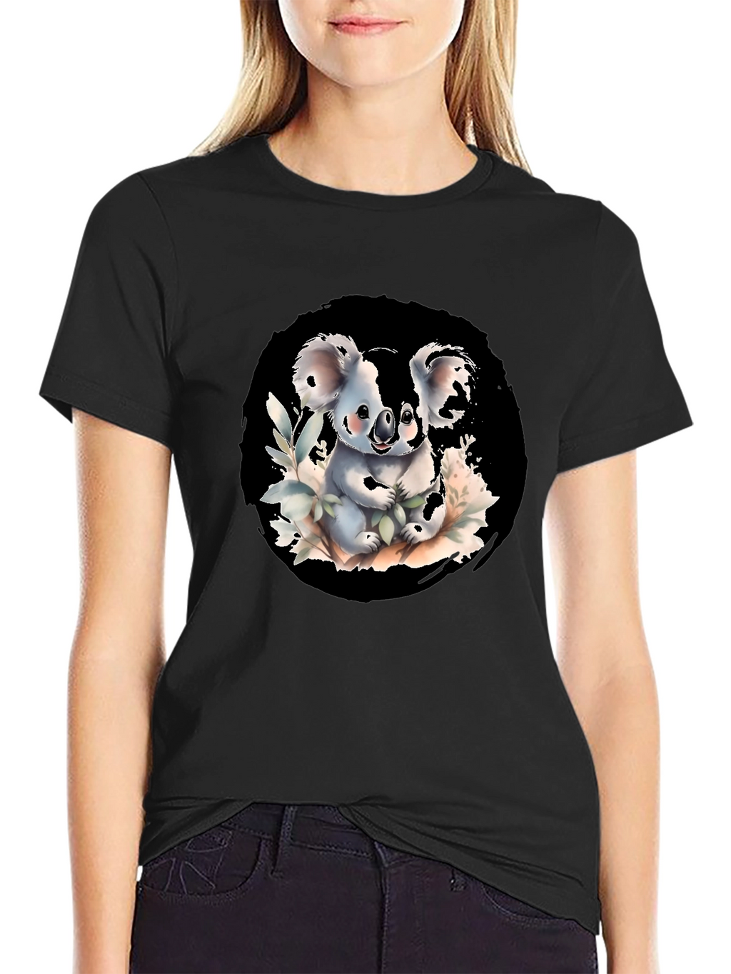 Cute Koala Graphic Tee - Black Cotton Blend Shirt