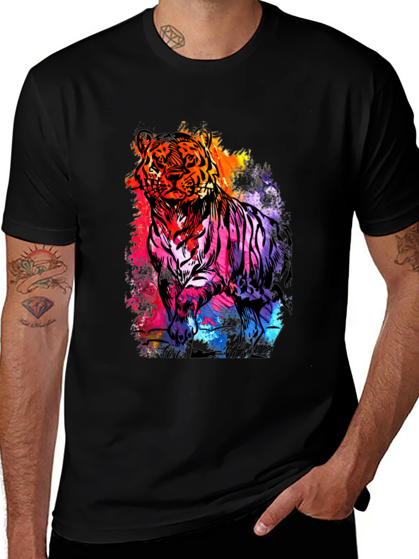 Vibrant Tiger Graphic Print Mens Black T-Shirt