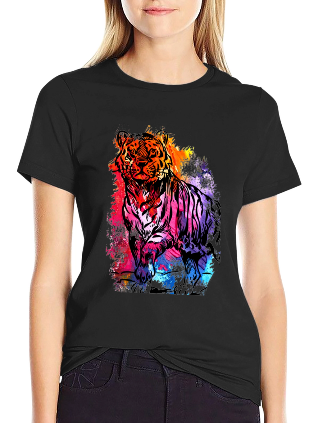 Vibrant Tiger Graphic Print Mens Black T-Shirt