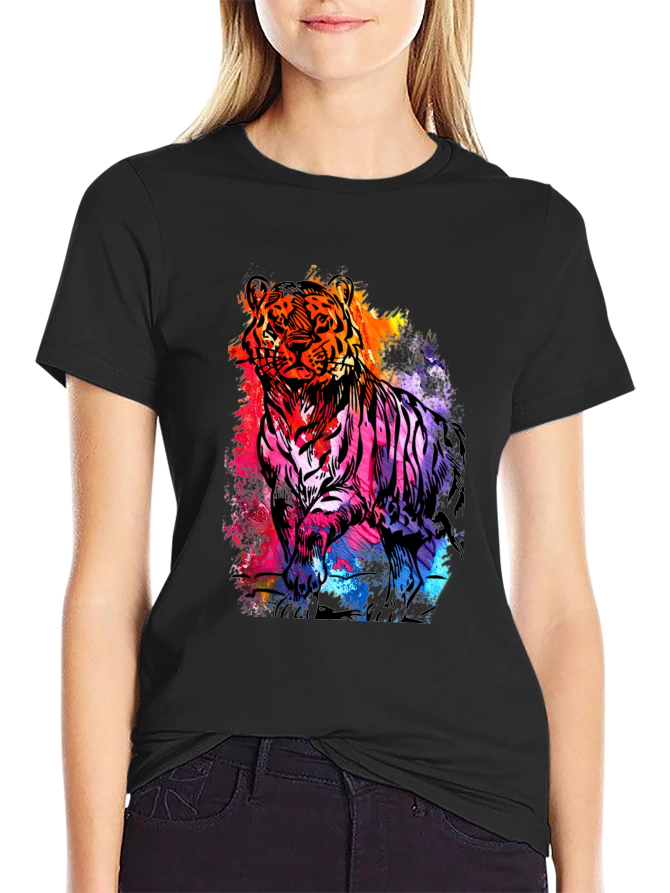 Vibrant Tiger Graphic Print Mens Black T-Shirt