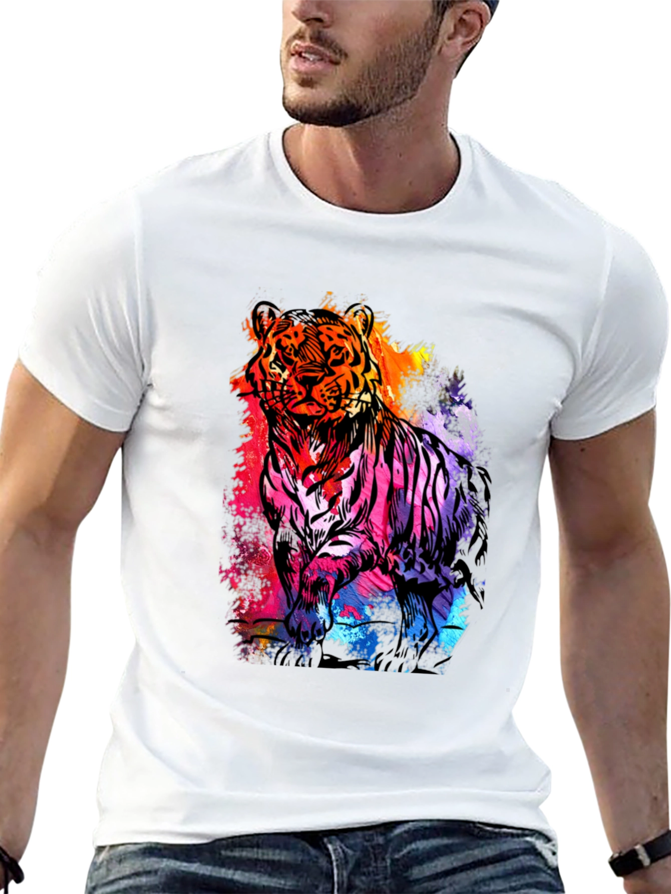 Vibrant Tiger Graphic Print Mens Black T-Shirt