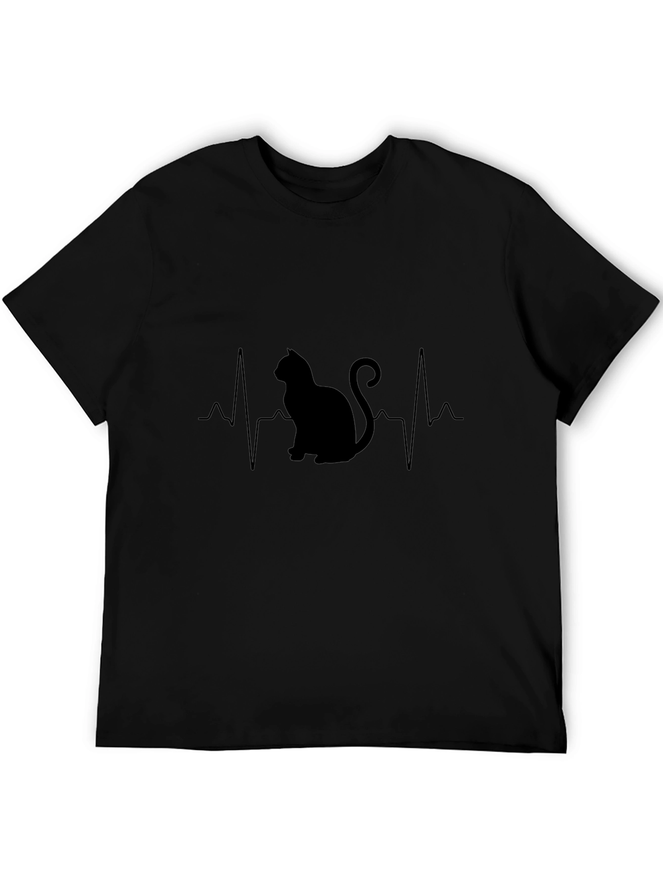 Cat Heartbeat Graphic T-Shirt - Black