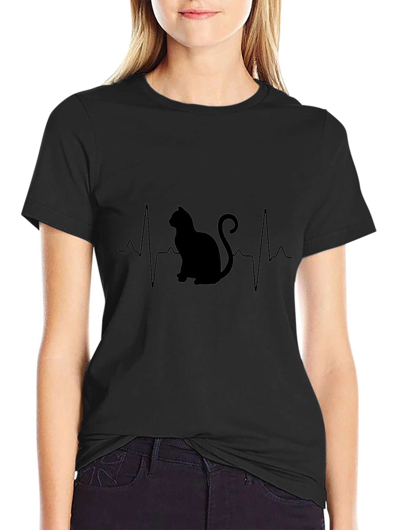Cat Heartbeat Graphic T-Shirt - Black