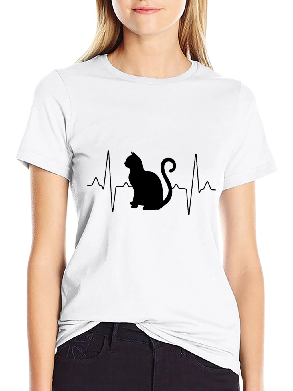 Cat Heartbeat Graphic T-Shirt - Black