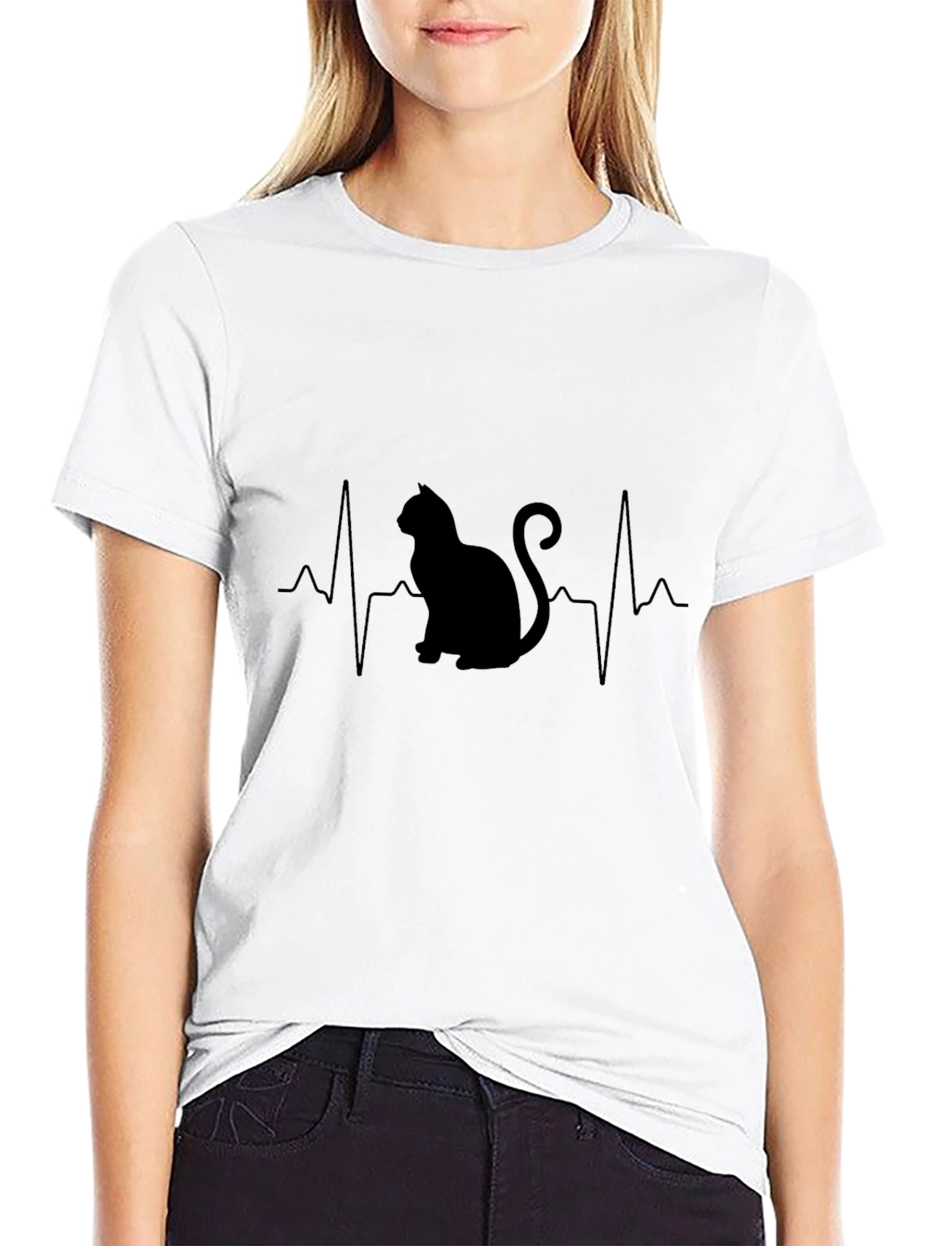 Cat Heartbeat Graphic T-Shirt - Black