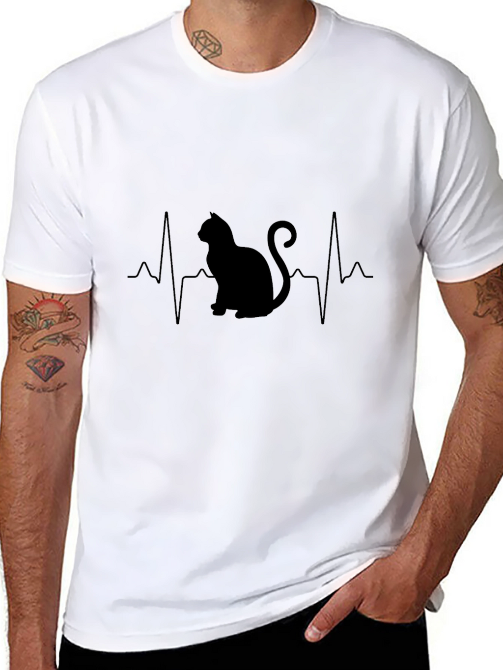 Cat Heartbeat Graphic T-Shirt - Black