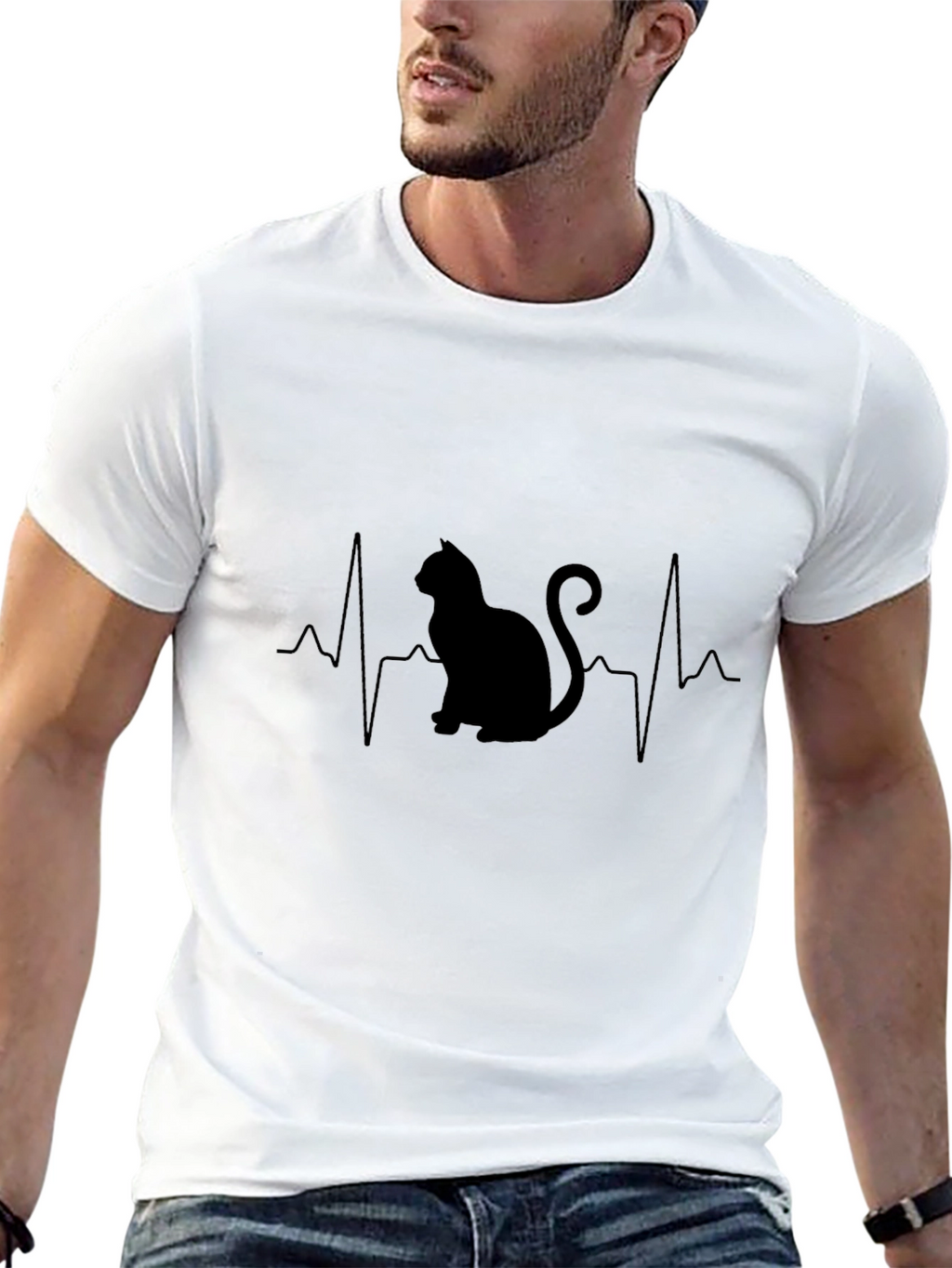 Cat Heartbeat Graphic T-Shirt - Black