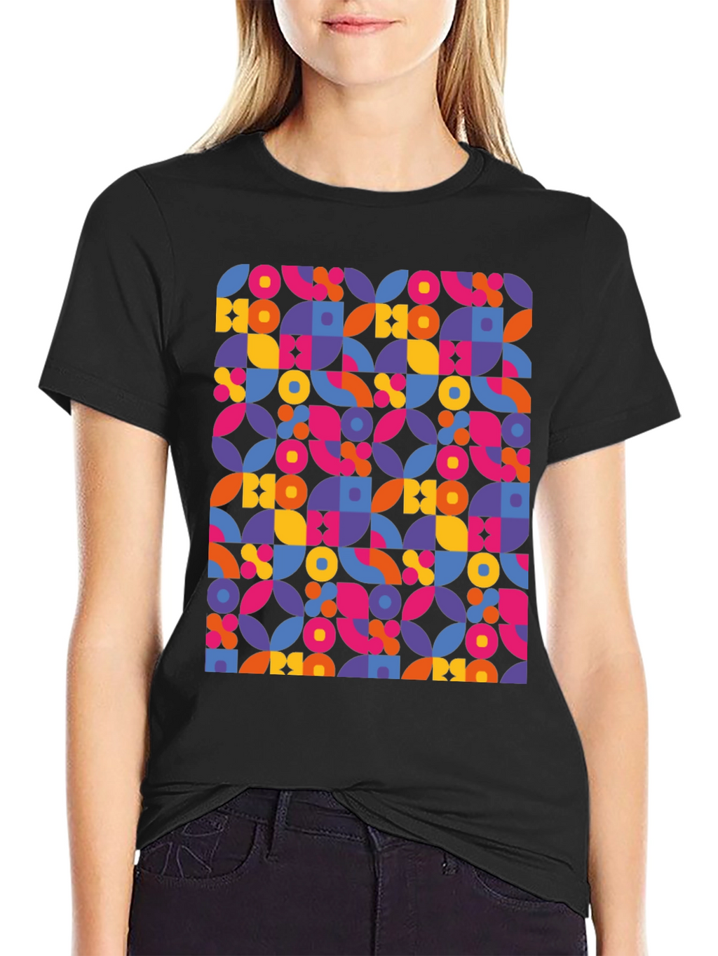 Retro Geometric Print Black T-Shirt