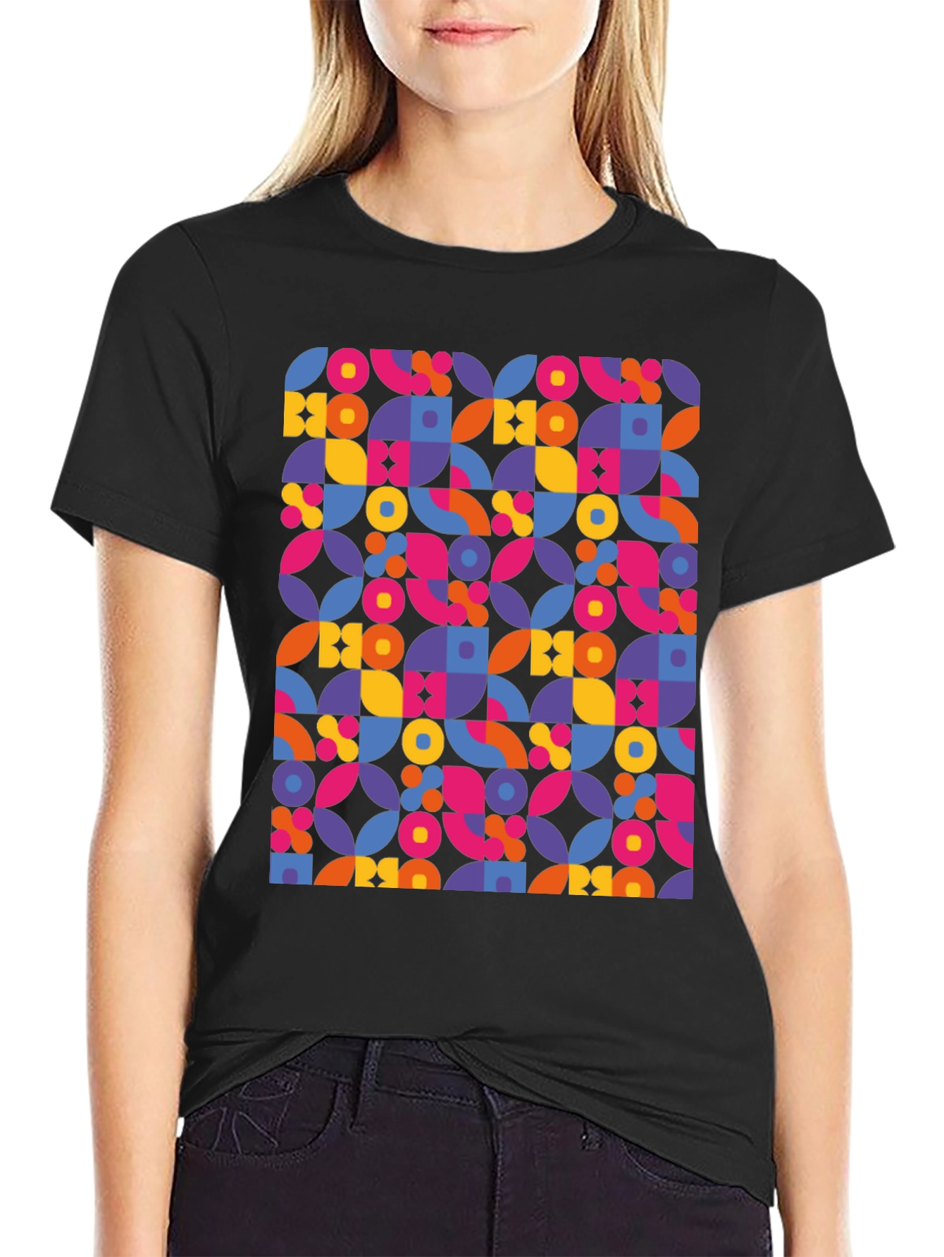 Retro Geometric Print Black T-Shirt