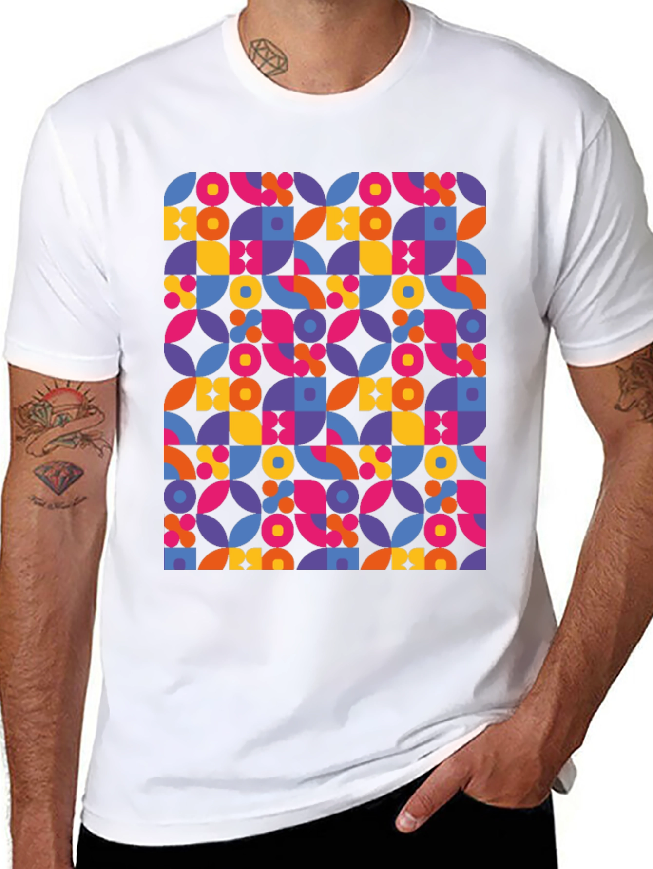 Retro Geometric Print Black T-Shirt