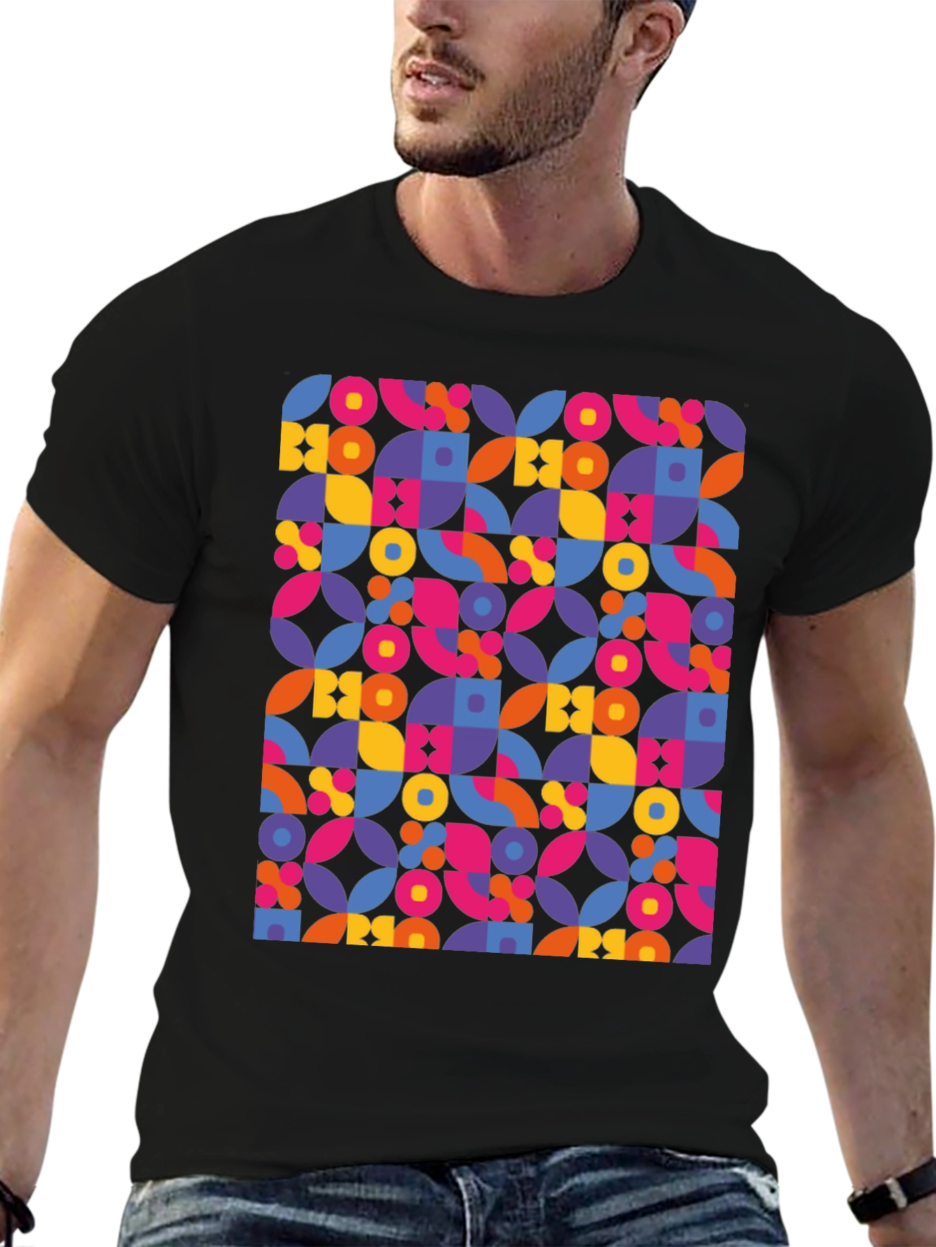 Retro Geometric Print Black T-Shirt