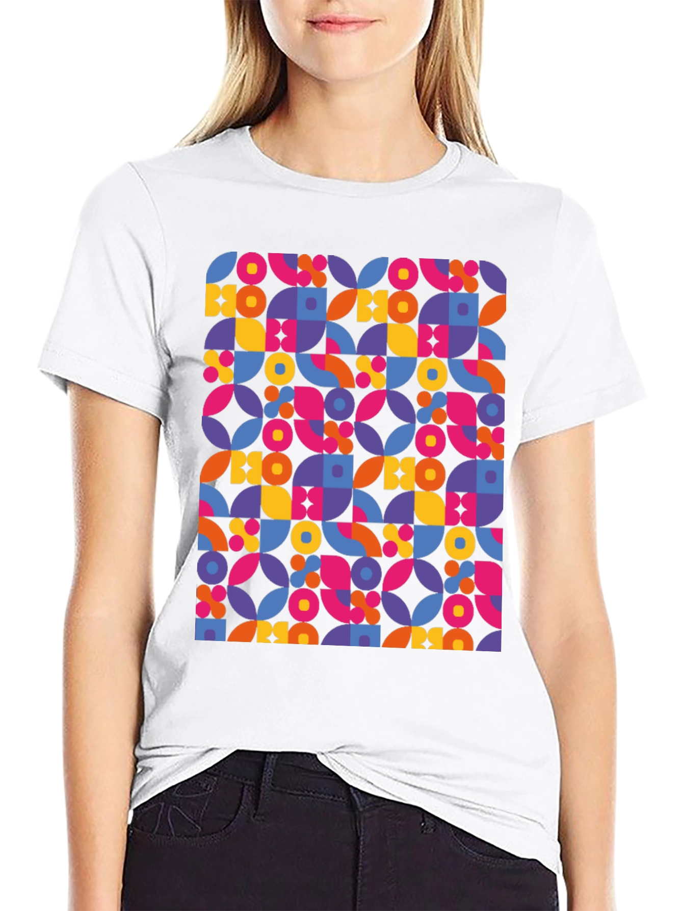 Retro Geometric Print Black T-Shirt