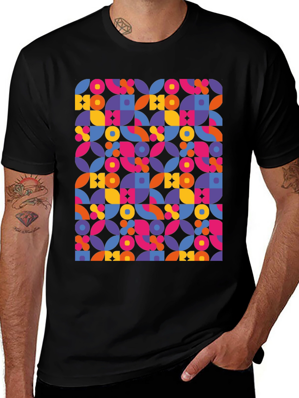 Retro Geometric Print Black T-Shirt