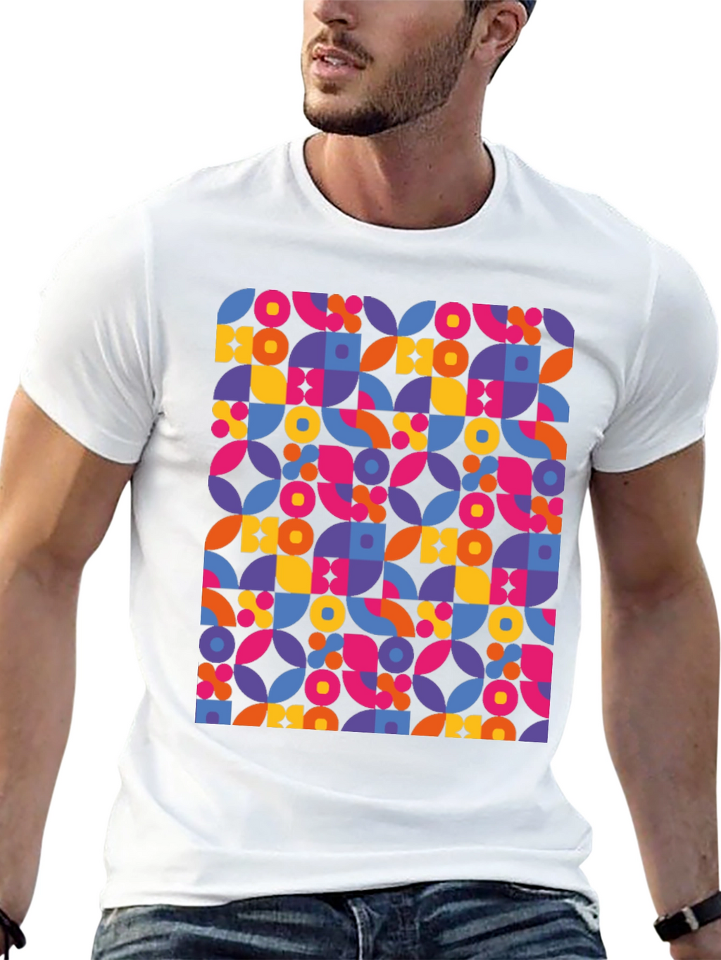 Retro Geometric Print Black T-Shirt