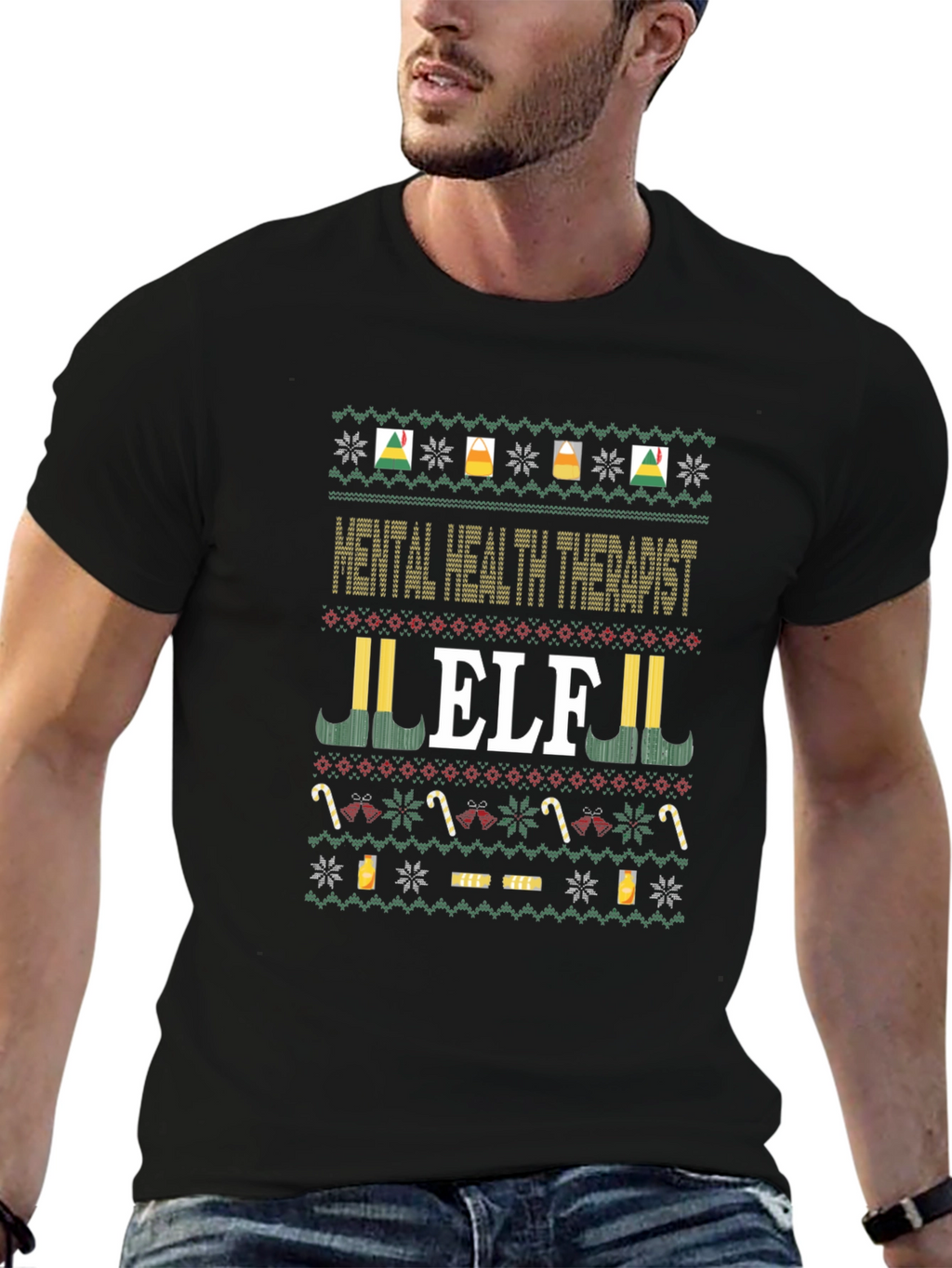 Mental Health Therapist Elf Ugly Christmas Sweater T-Shirt
